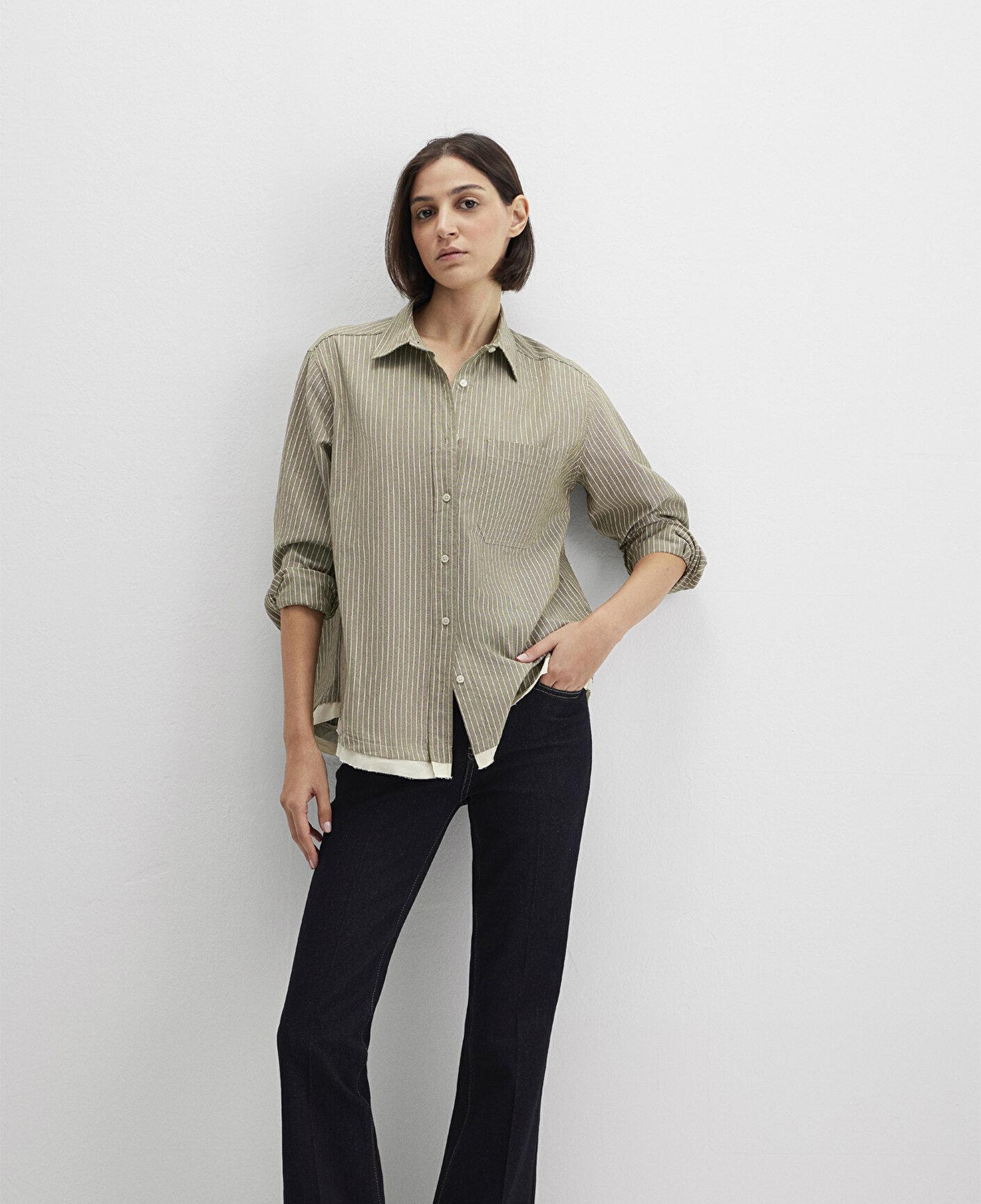 Mavi Çizgili Haki Gömlek Loose Fit / Bol Rahat Kesim 1211372-91369