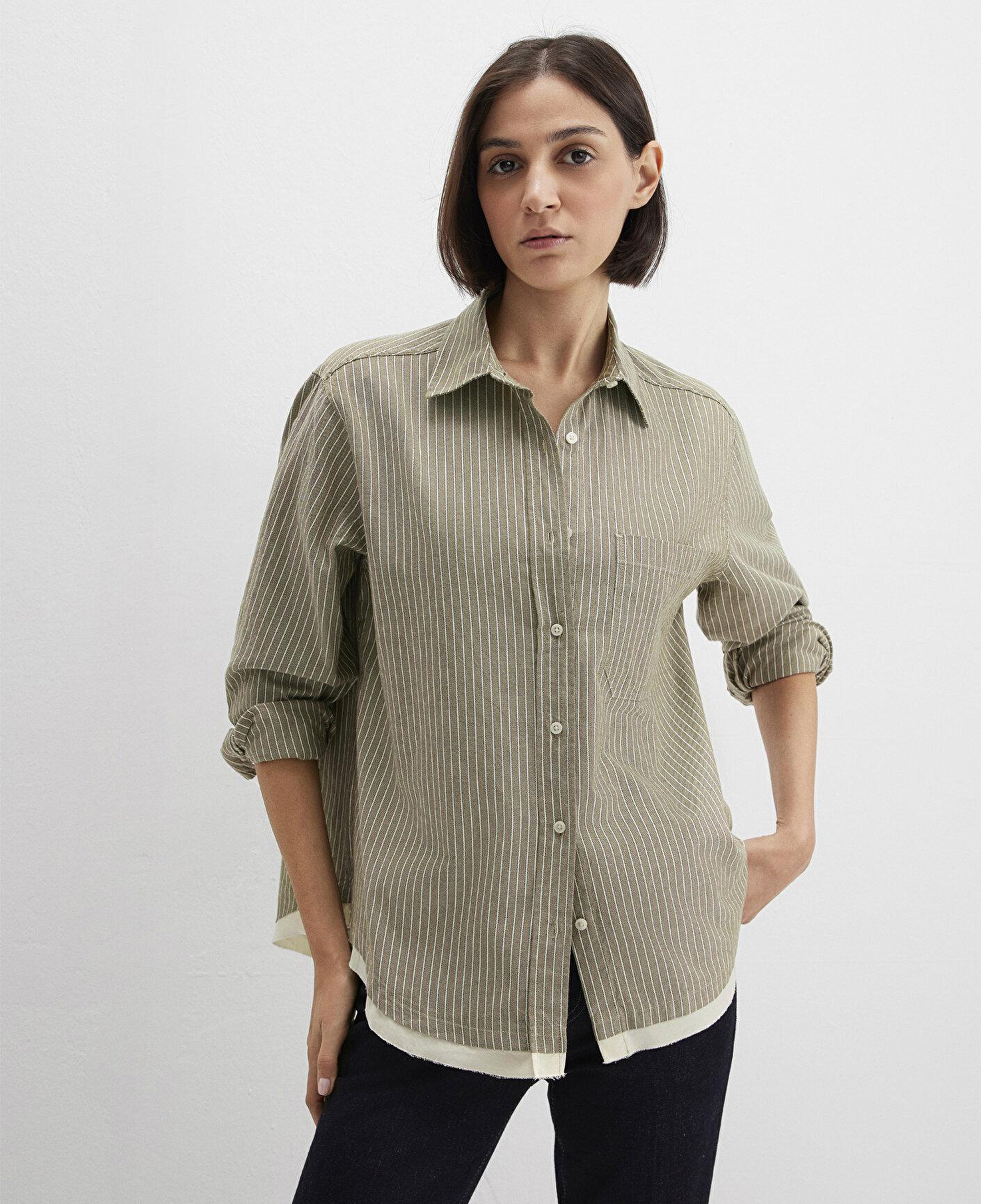 Mavi Çizgili Haki Gömlek Loose Fit / Bol Rahat Kesim 1211372-91369
