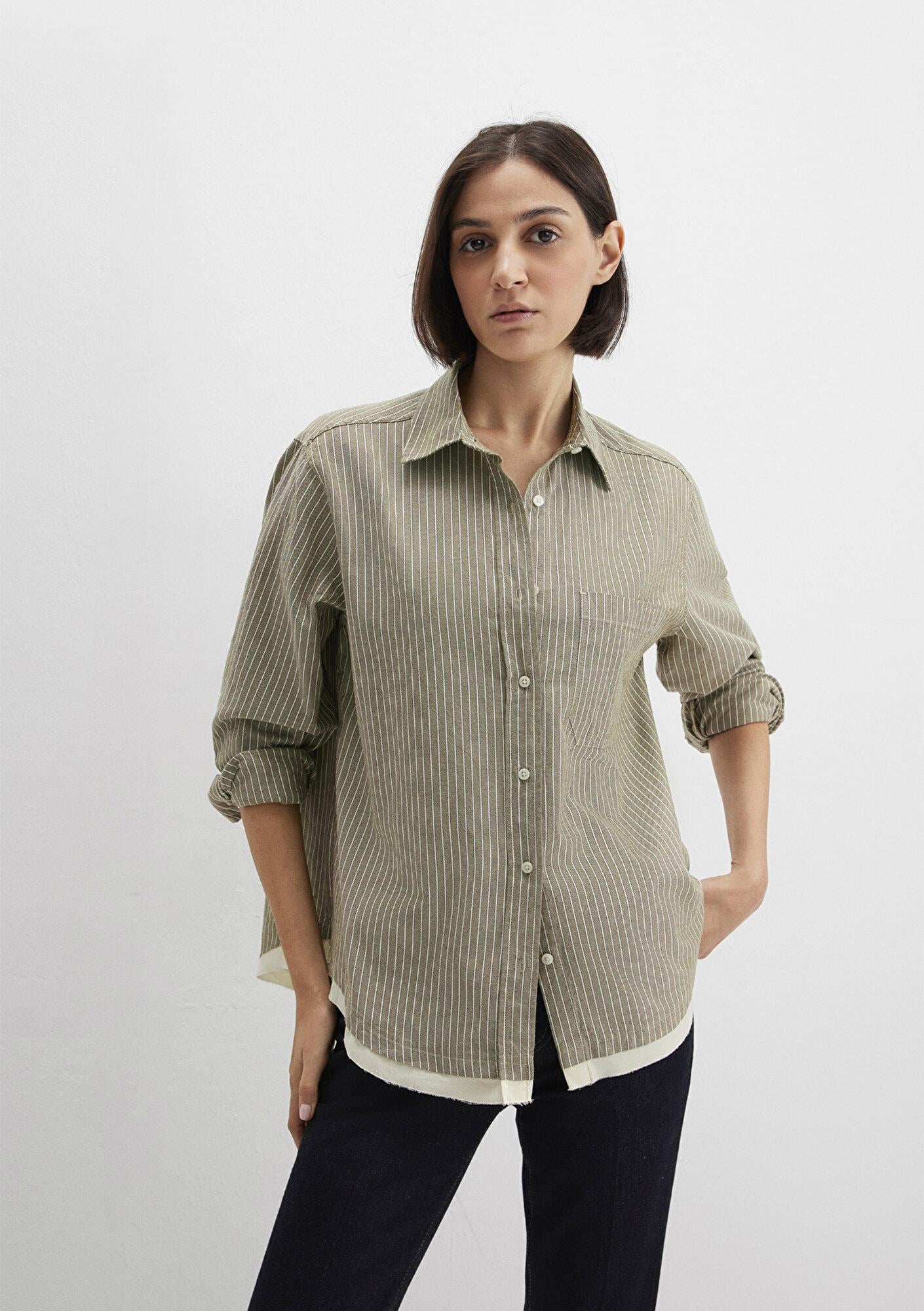 Mavi Çizgili Haki Gömlek Loose Fit / Bol Rahat Kesim 1211372-91369