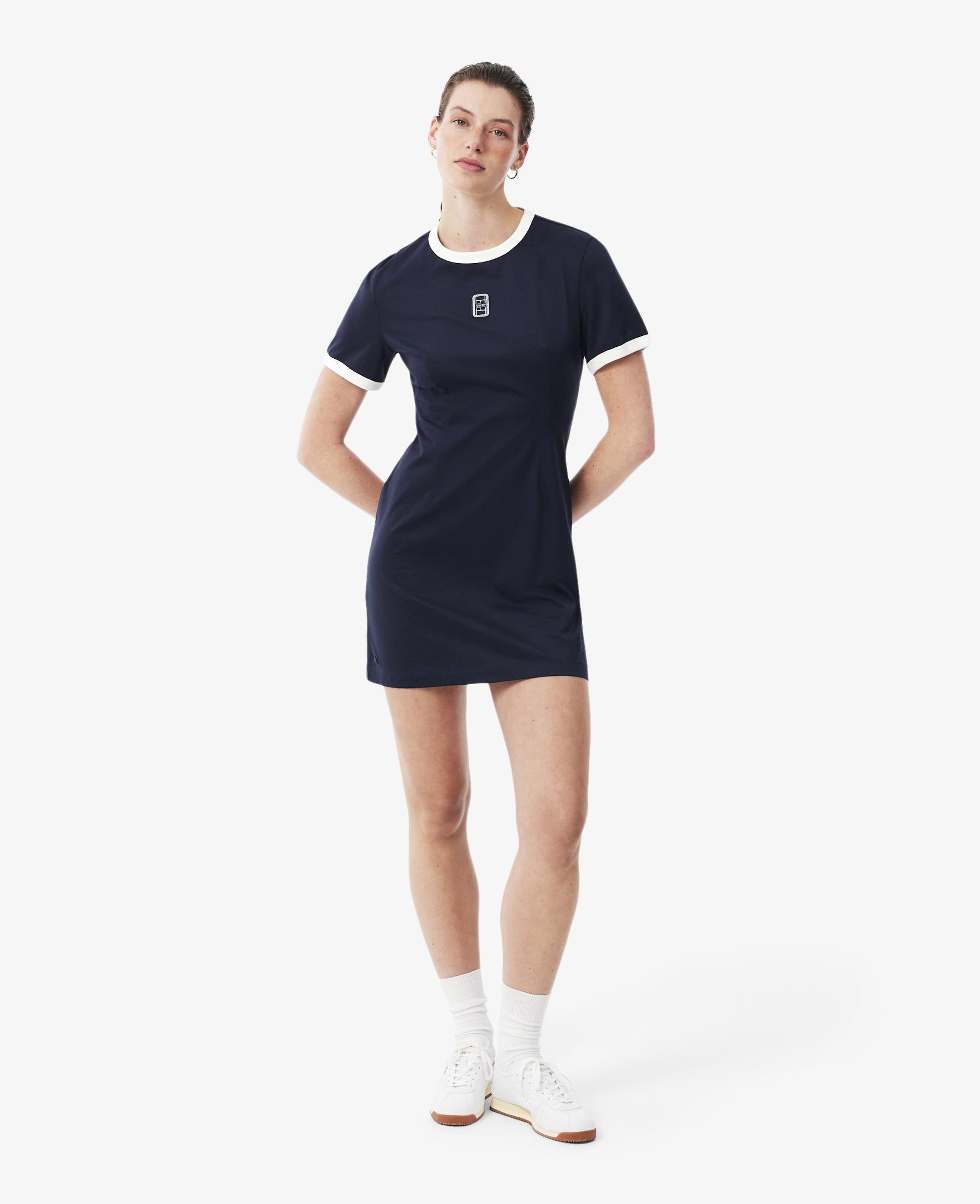 Kadın Flare Fit Kısa Kollu Bisiklet Yaka Lacivert Elbise