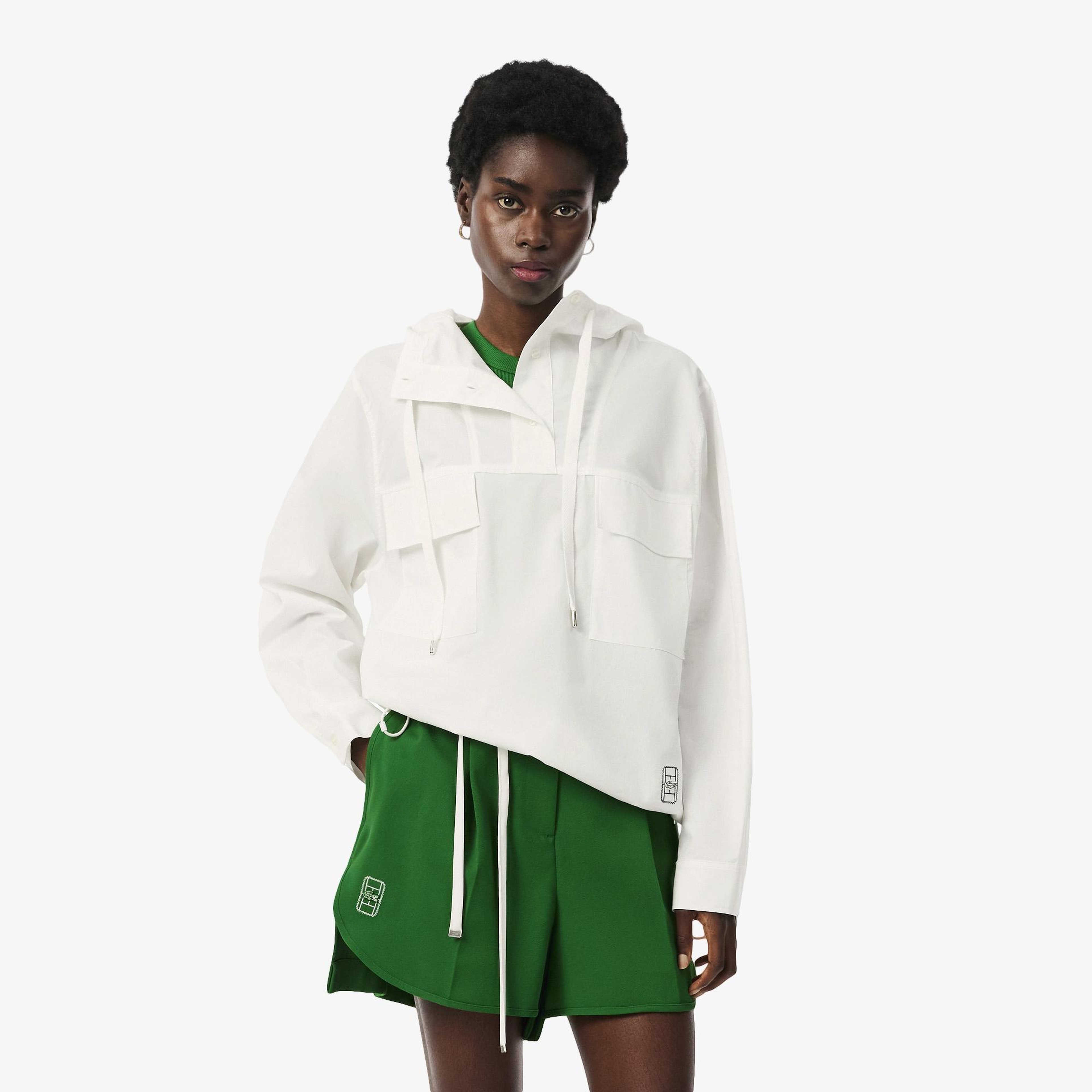 Kadın Oversize Fit Kapüşonlu Beyaz Yağmurluk