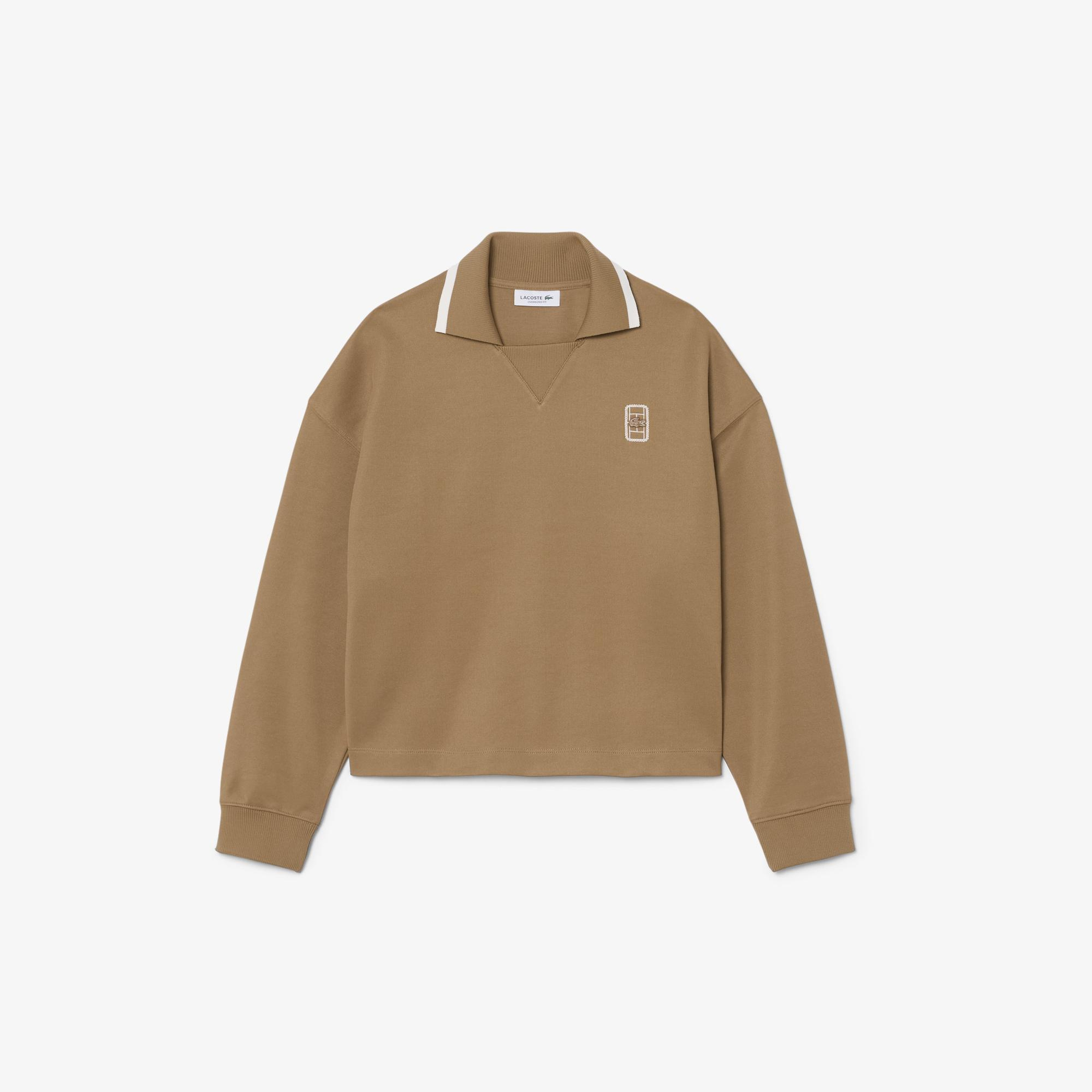 Kadın Oversize Fit Polo Yaka Kahverengi Sweatshirt