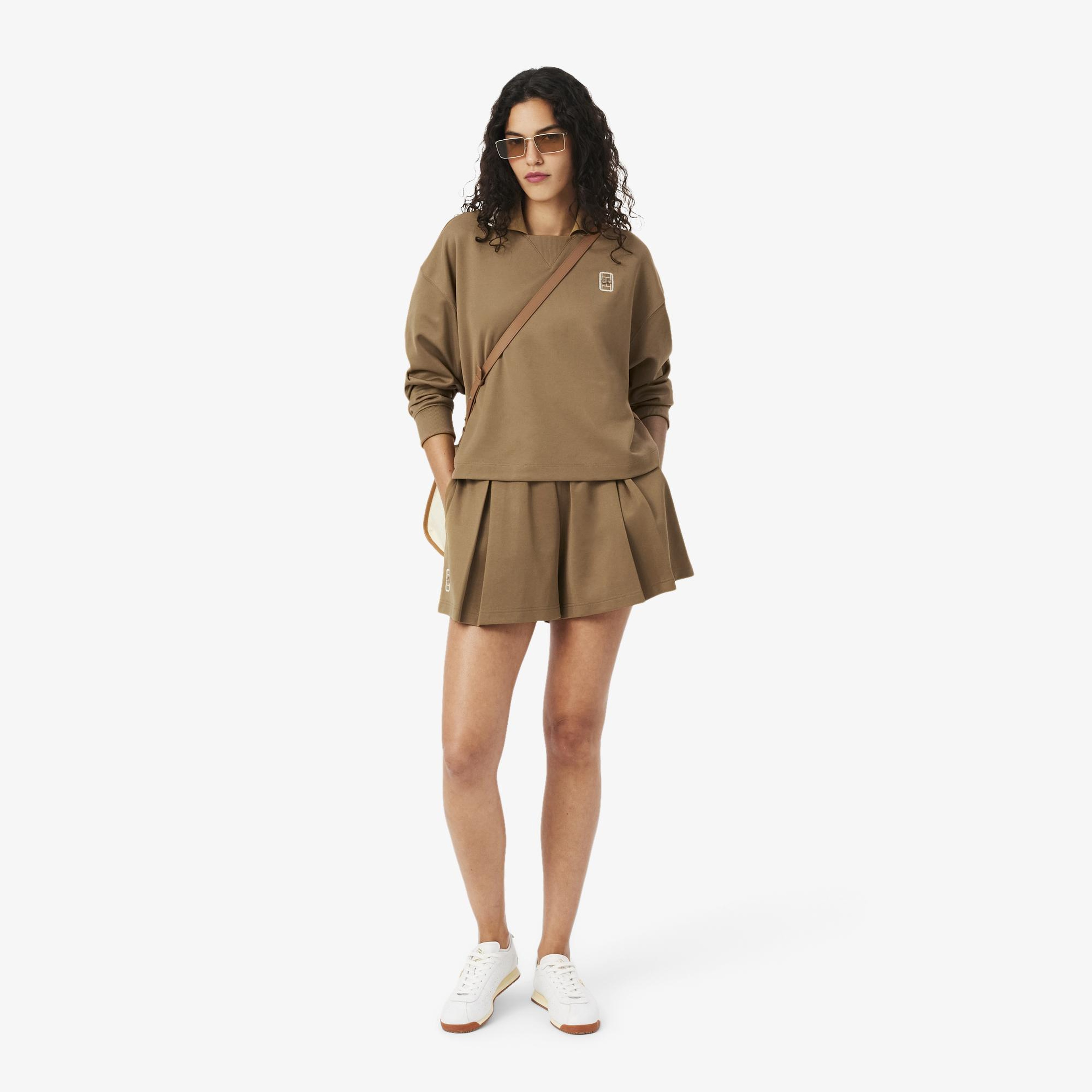 Kadın Oversize Fit Polo Yaka Kahverengi Sweatshirt