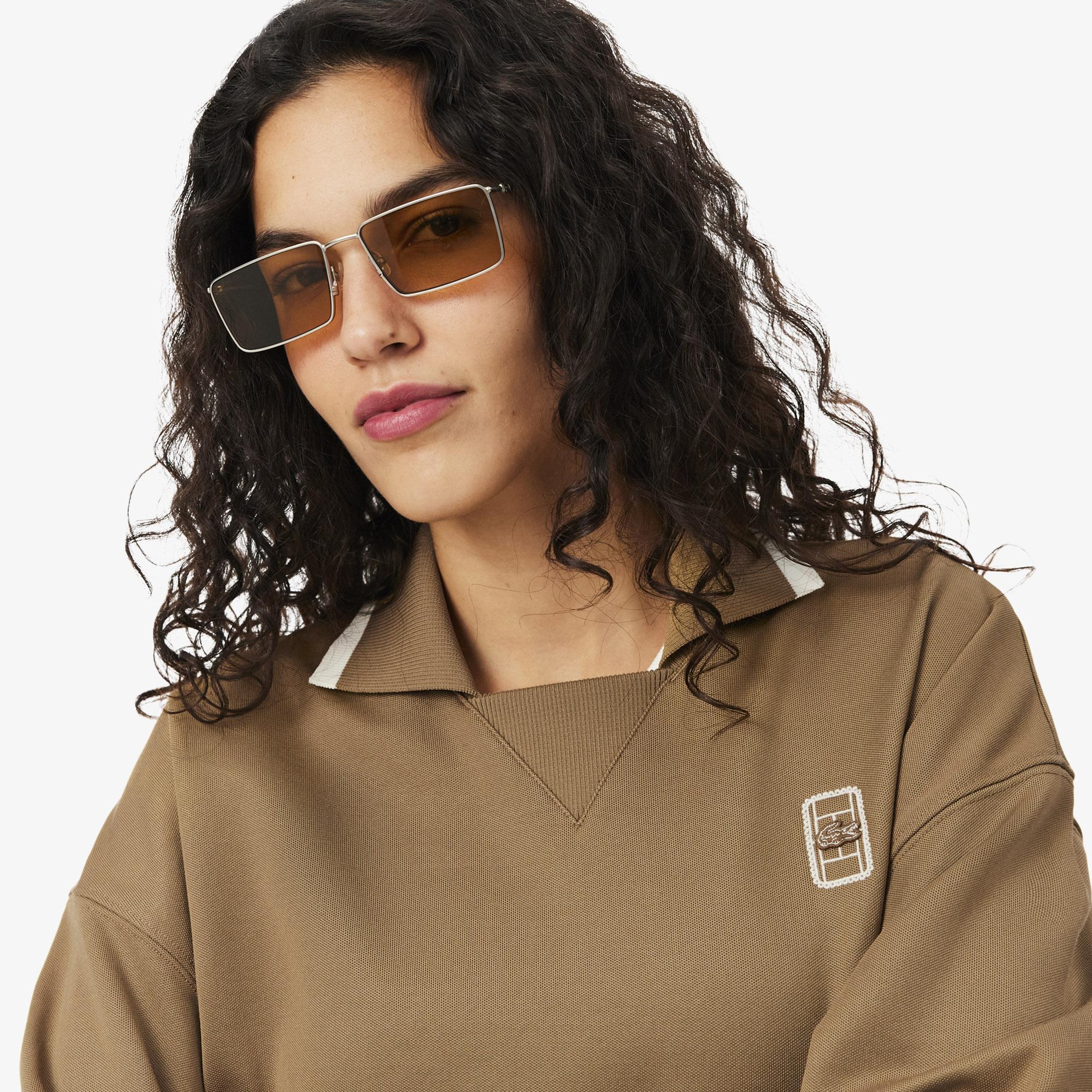 Kadın Oversize Fit Polo Yaka Kahverengi Sweatshirt