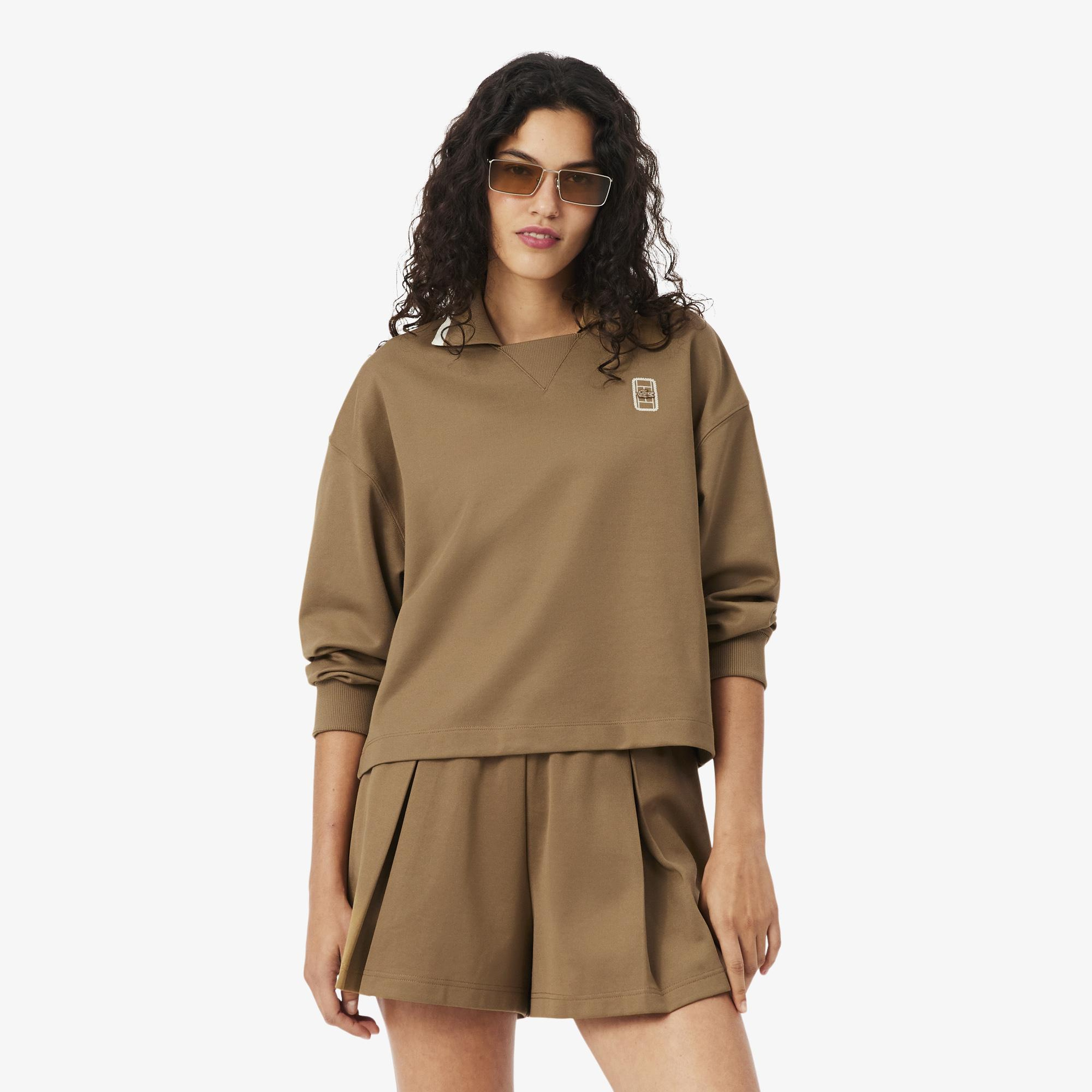 Kadın Oversize Fit Polo Yaka Kahverengi Sweatshirt