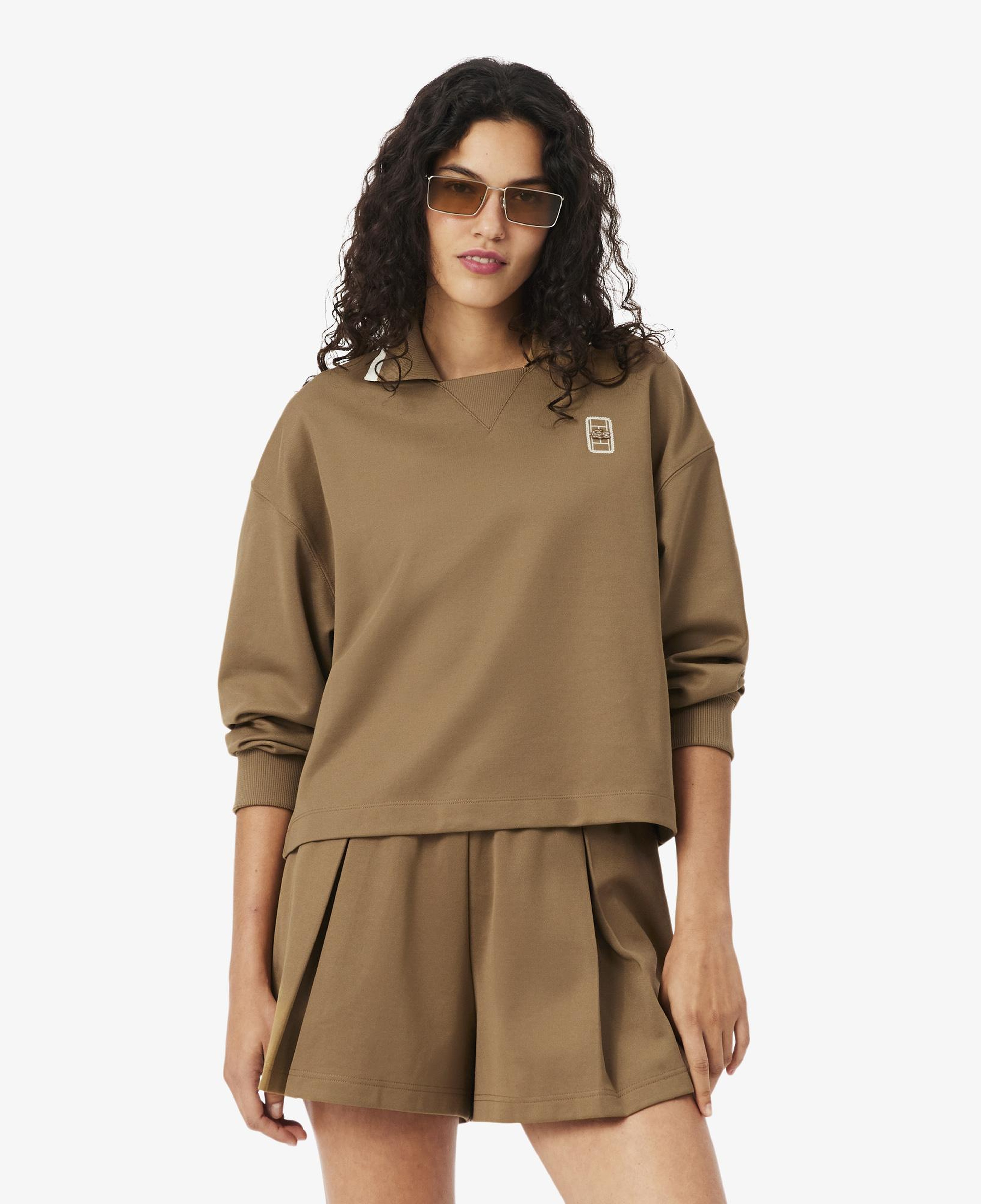 Kadın Oversize Fit Polo Yaka Kahverengi Sweatshirt