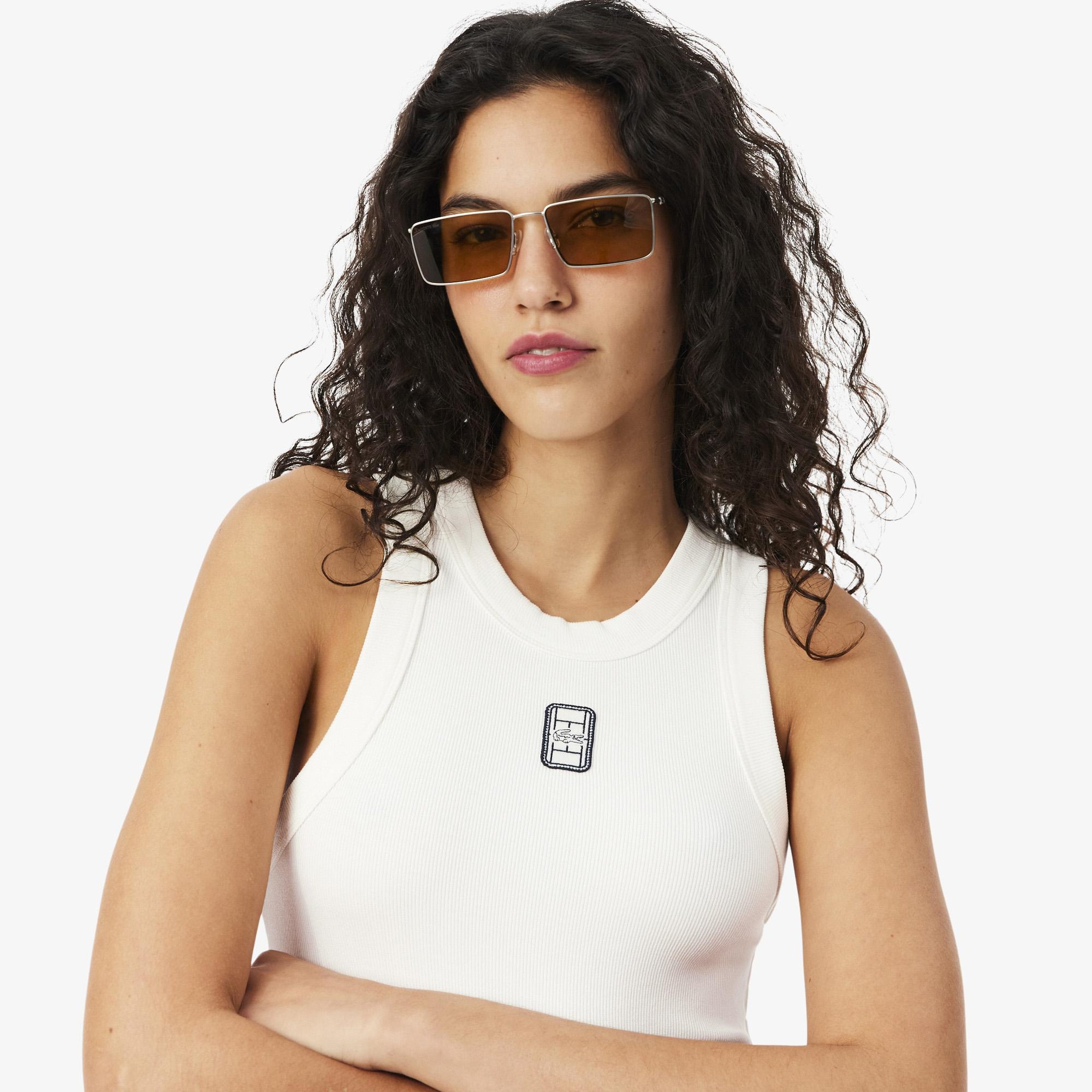 Kadın Slim Fit Kolsuz Bisiklet Yaka Baskılı Beyaz T-Shirt