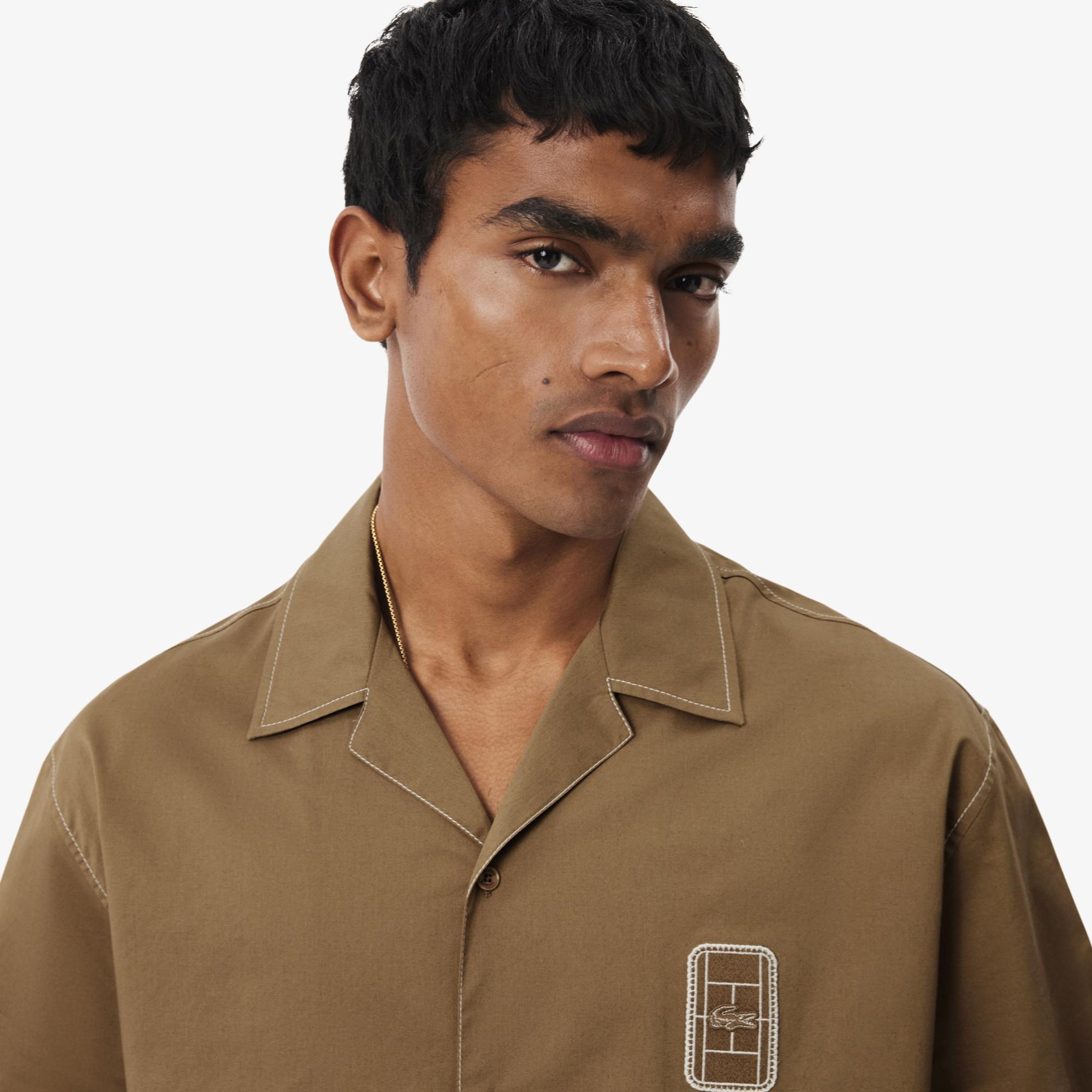 Erkek Relaxed Fit Kısa Kollu Kahverengi Gömlek