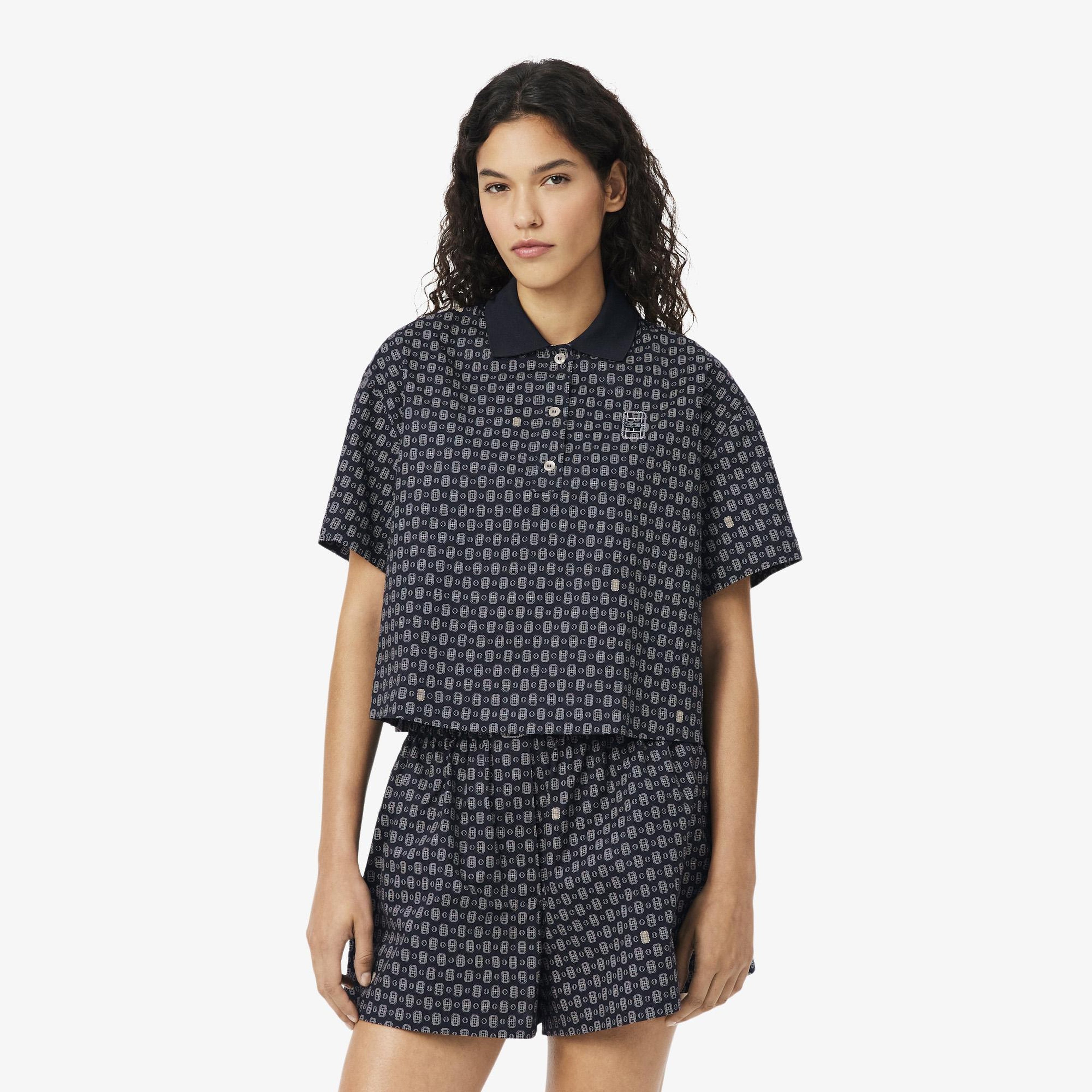 Kadın Oversize Fit Desenli Lacivert Polo