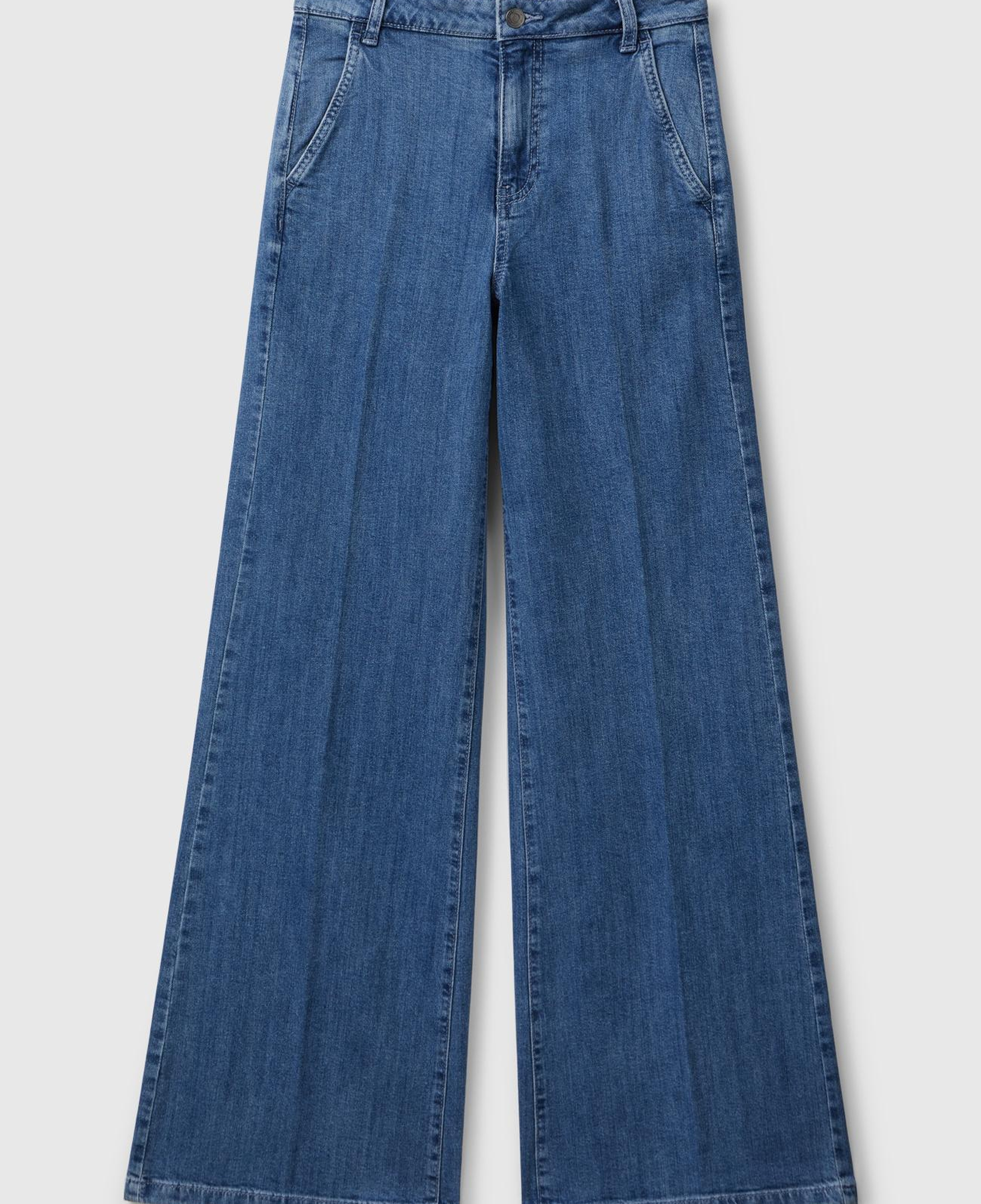 Kadın Açık Mavi Pamuk Karışımlı Cep Detaylı Geniş Paça Denim Pantolon