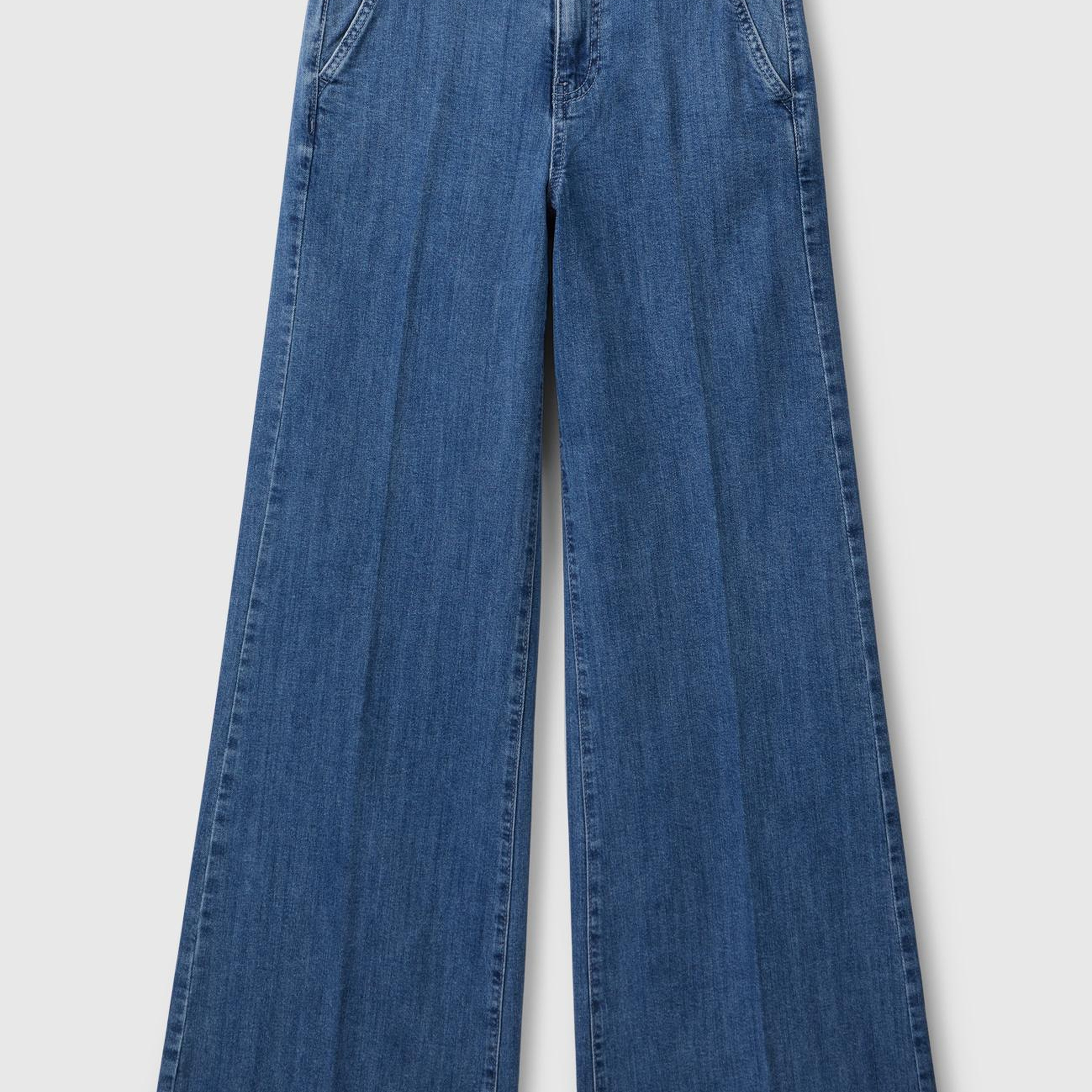 Kadın Açık Mavi Pamuk Karışımlı Cep Detaylı Geniş Paça Denim Pantolon