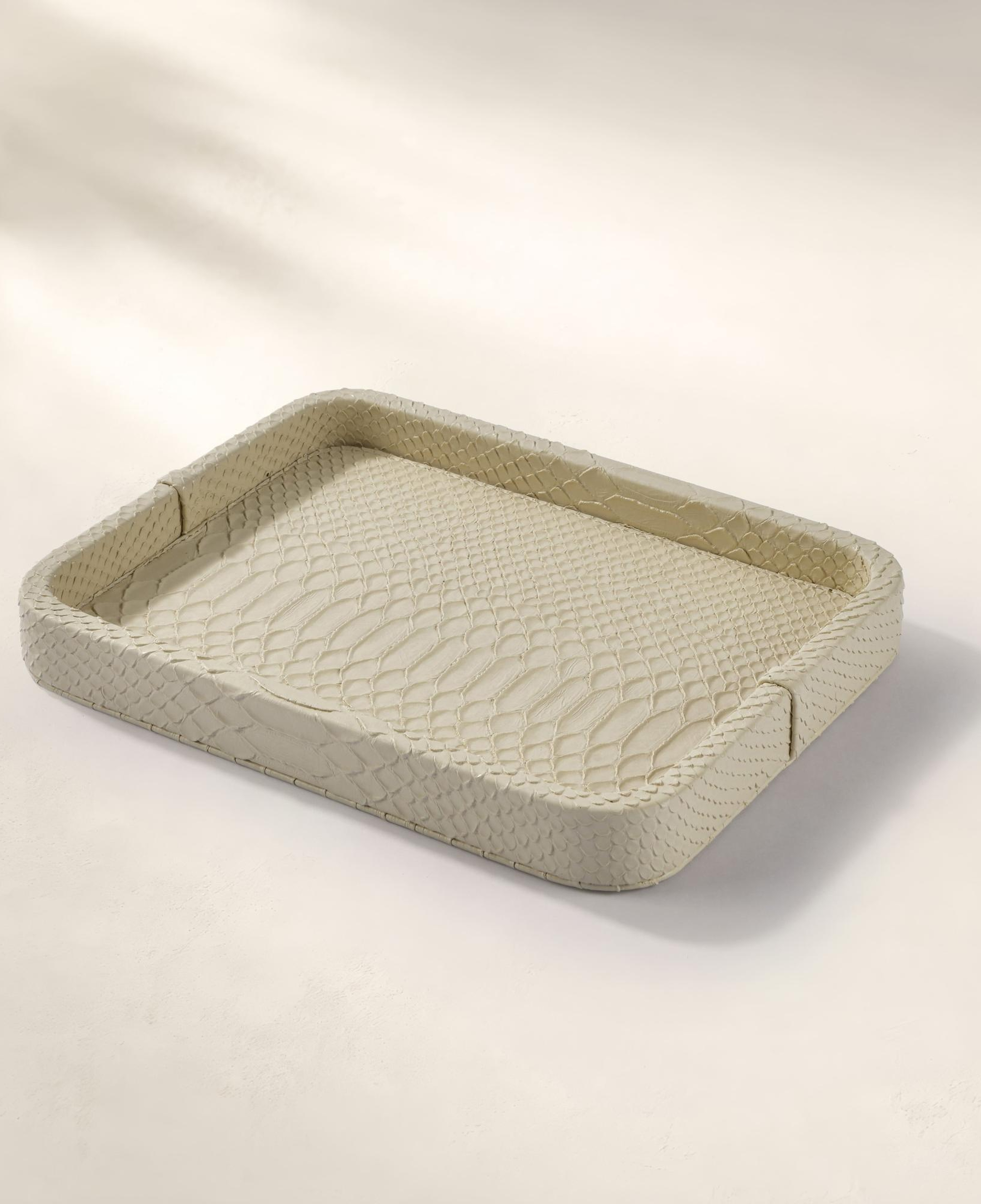 Cleo Krokodil Dekoratif Deri Tepsi Bej 30x23x3 Cm