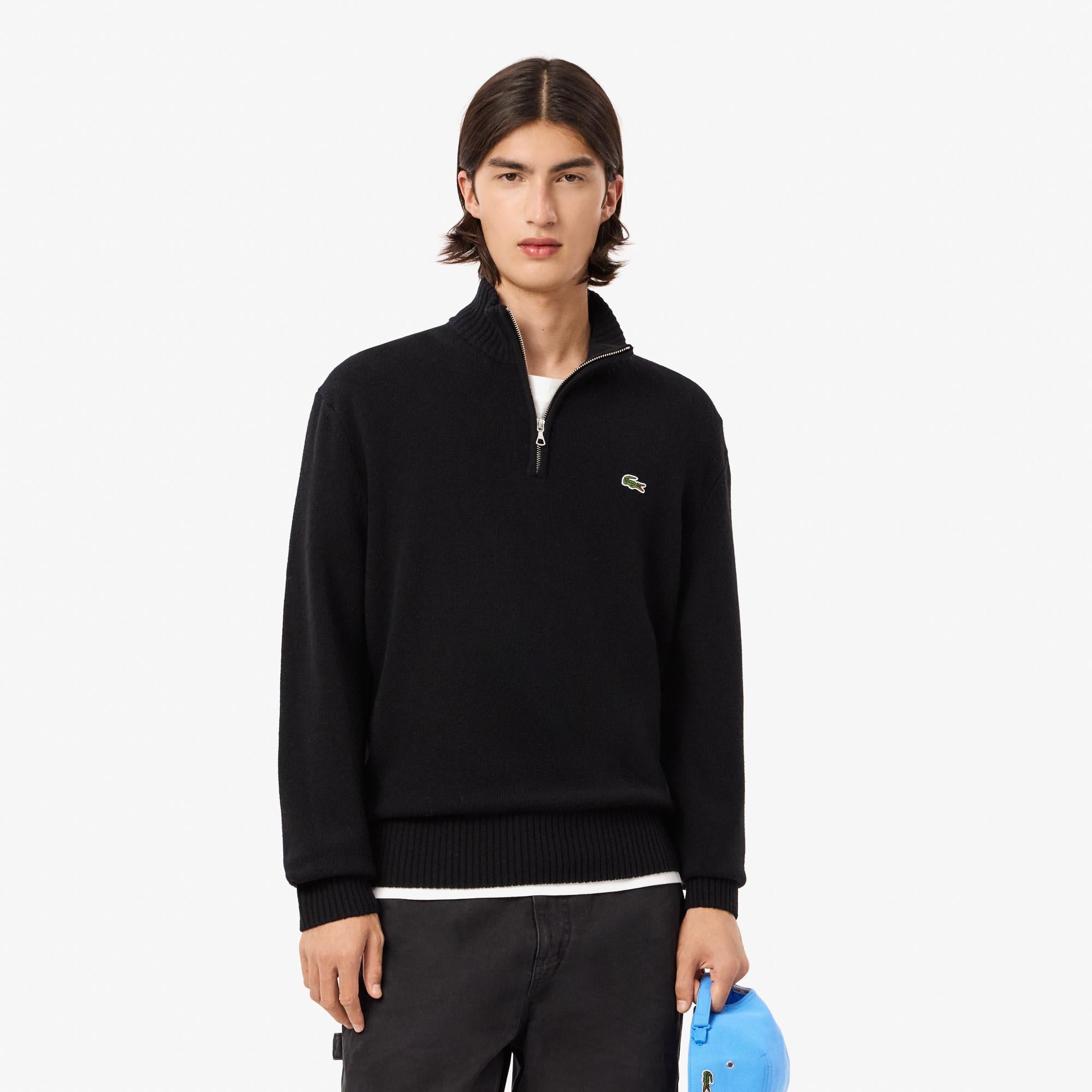 Lacoste Erkek Classic Fit Yarım Fermuarlı Yün Siyah Kazak