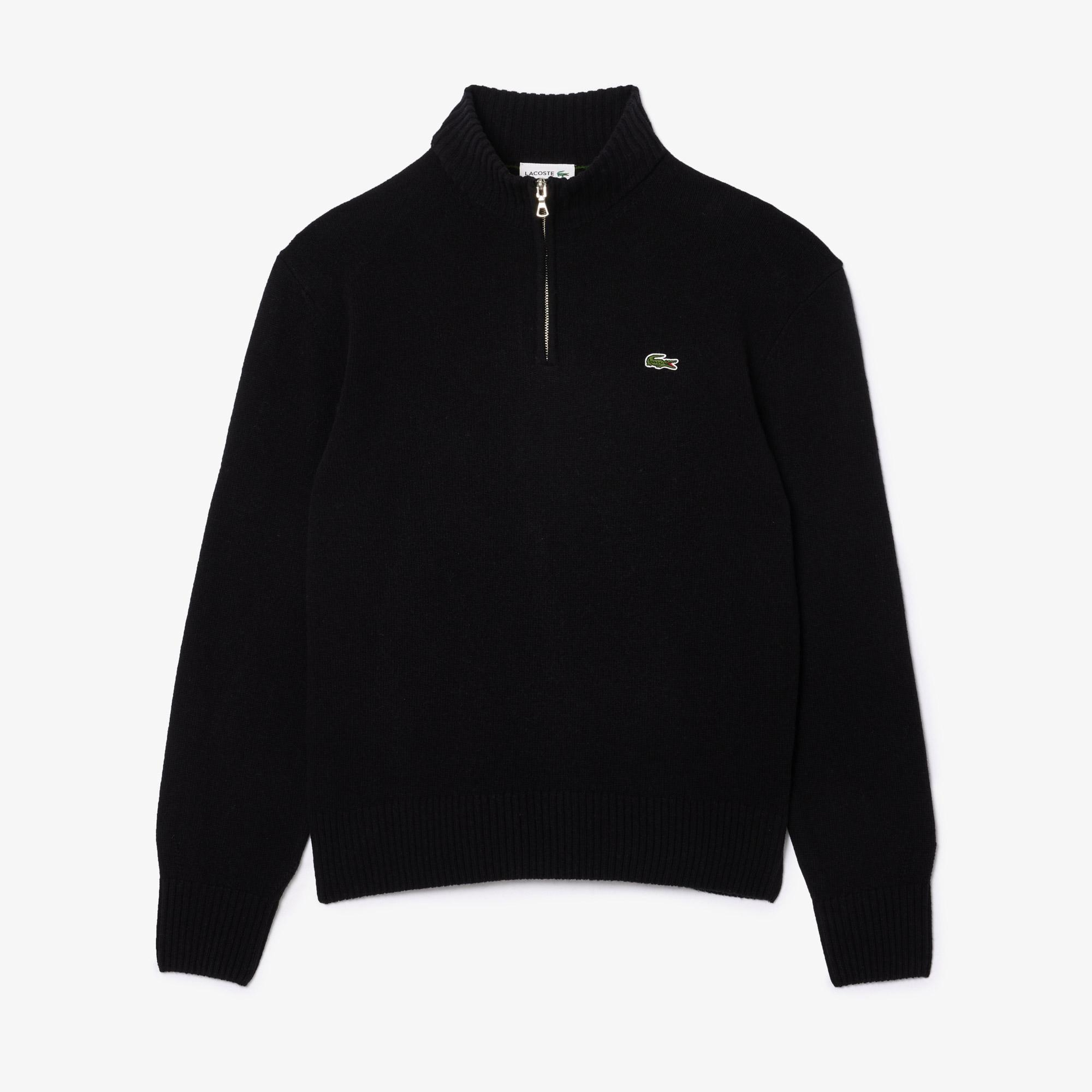Erkek Classic Fit Yarım Fermuarlı Yün Siyah Kazak