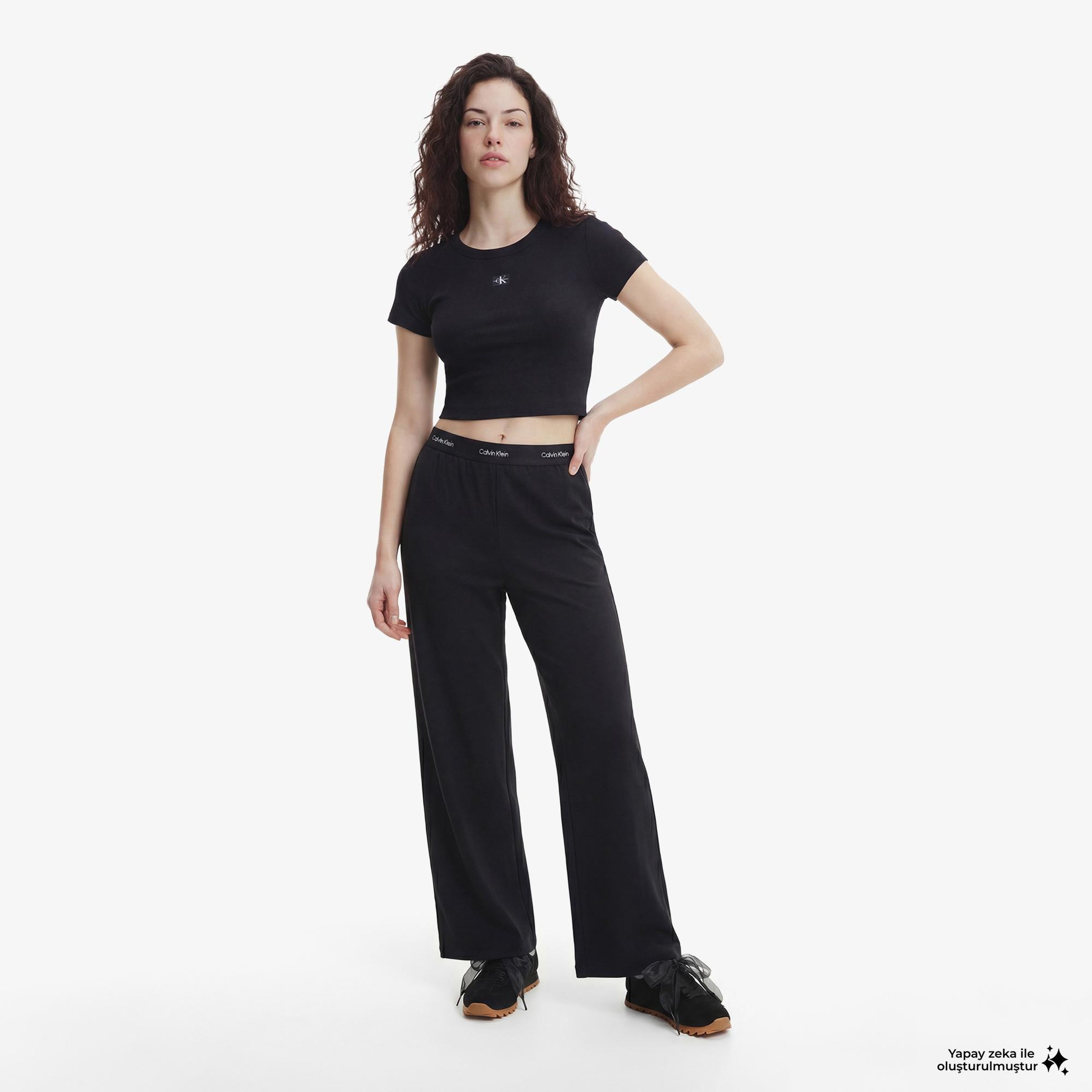 Calvin Klein Woven Label 2X2 Baby Rib Kadın Siyah T-Shirt