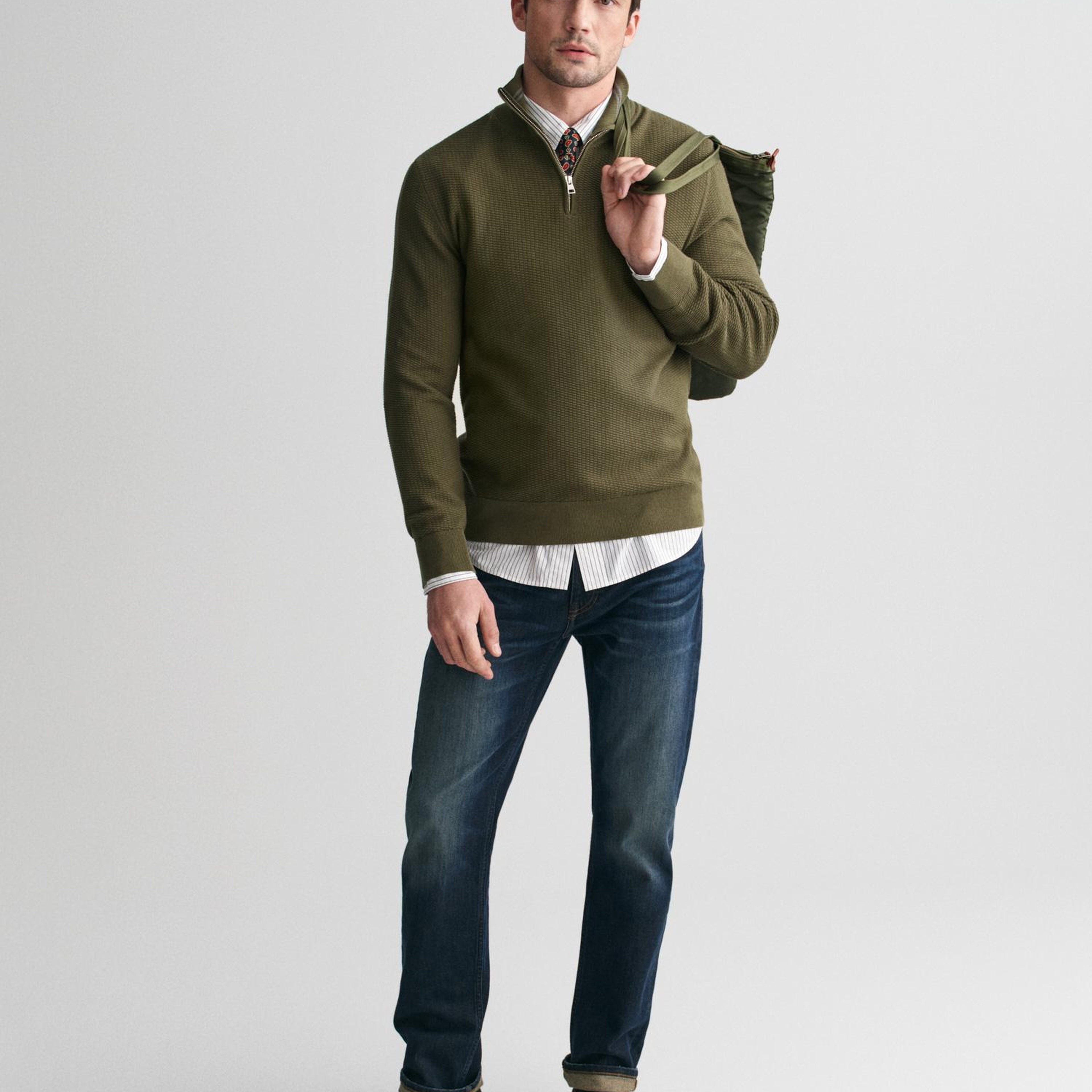 GANT Erkek Yeşil Regular Fit Yarım Fermuarlı Kazak