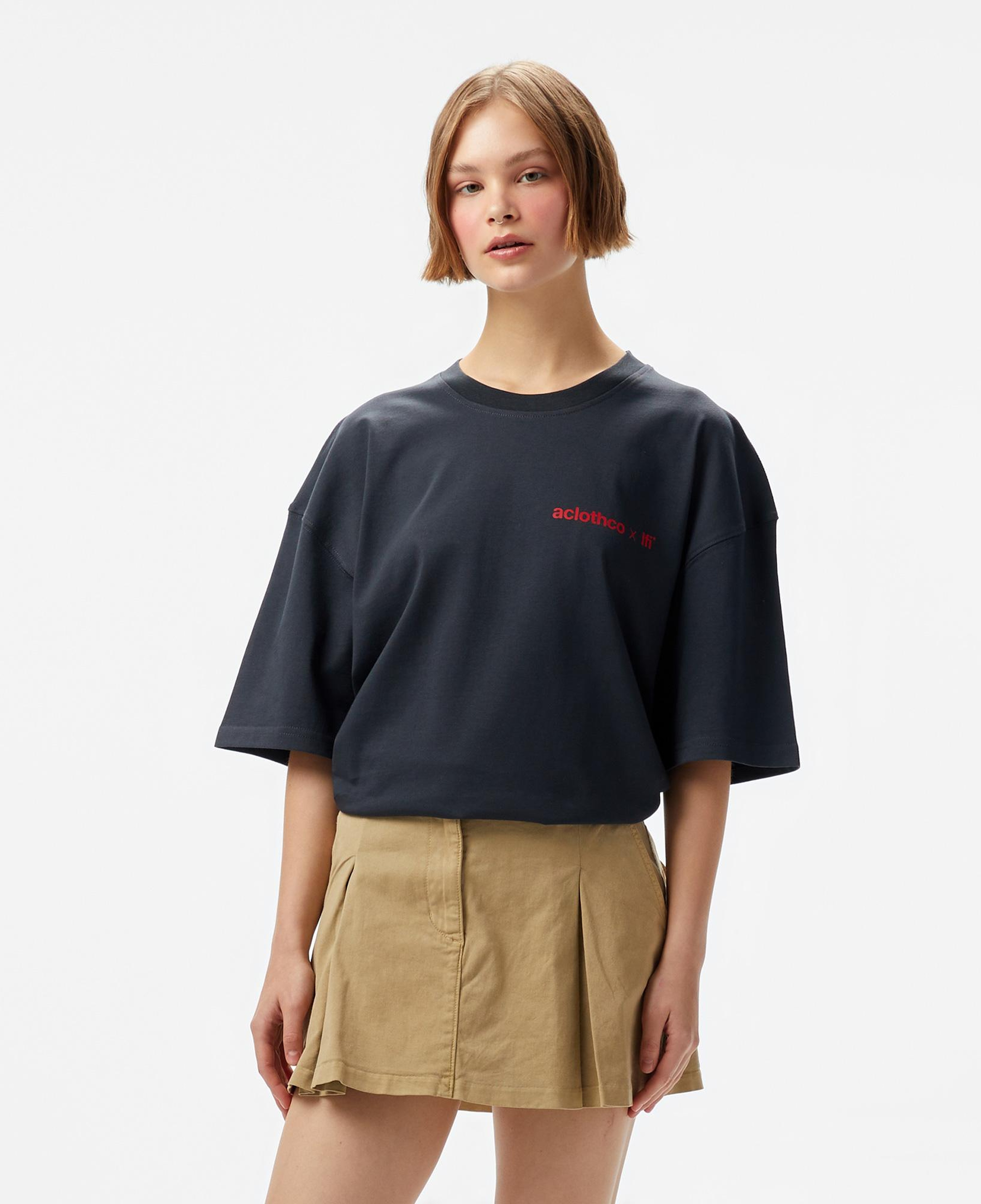Aclothco X LFI Oversized Crew Neck Graphic Printed Unisex Gri T-Shirt