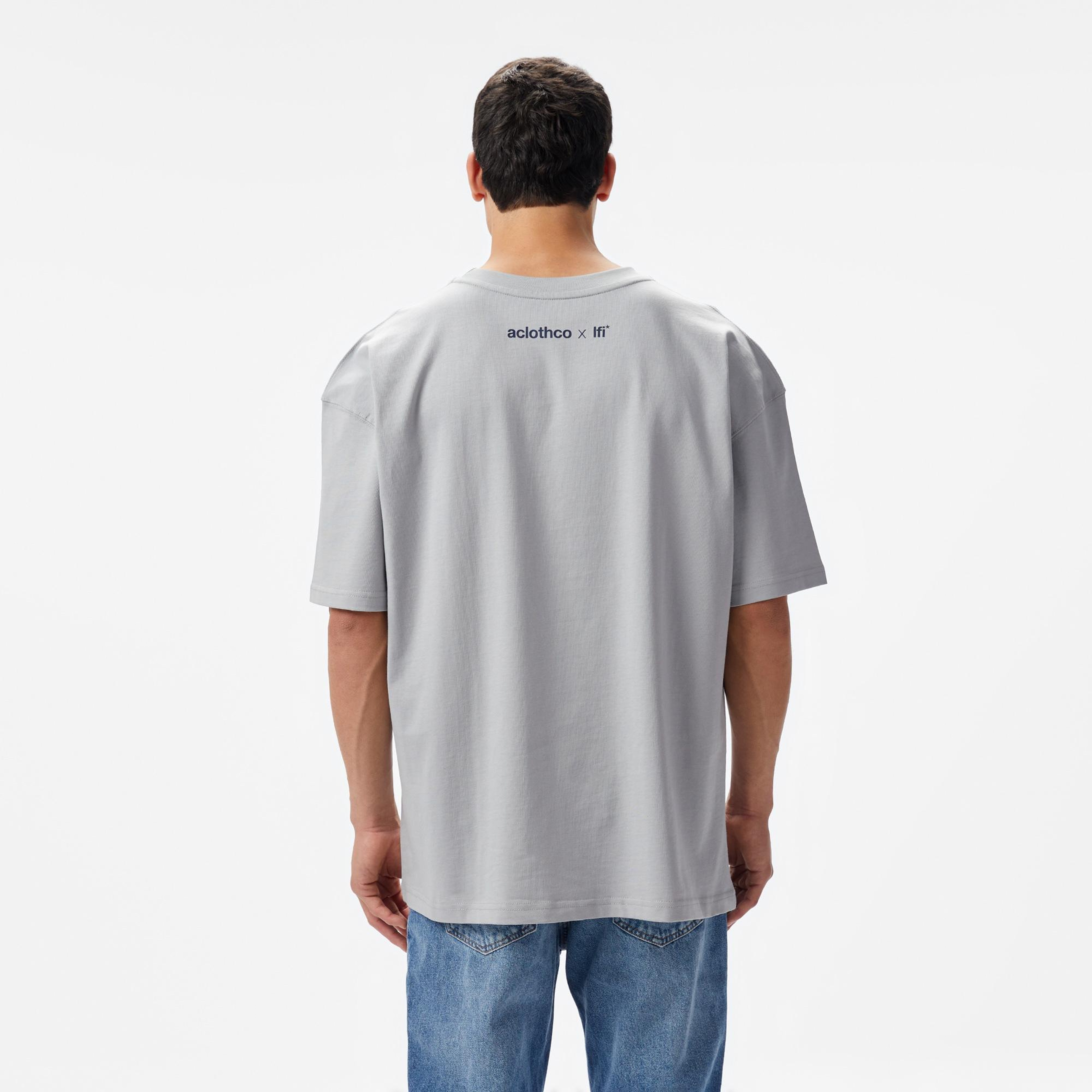 Aclothco X LFI Oversized Crew Neck Slogan Printed Unisex Gri T-Shirt