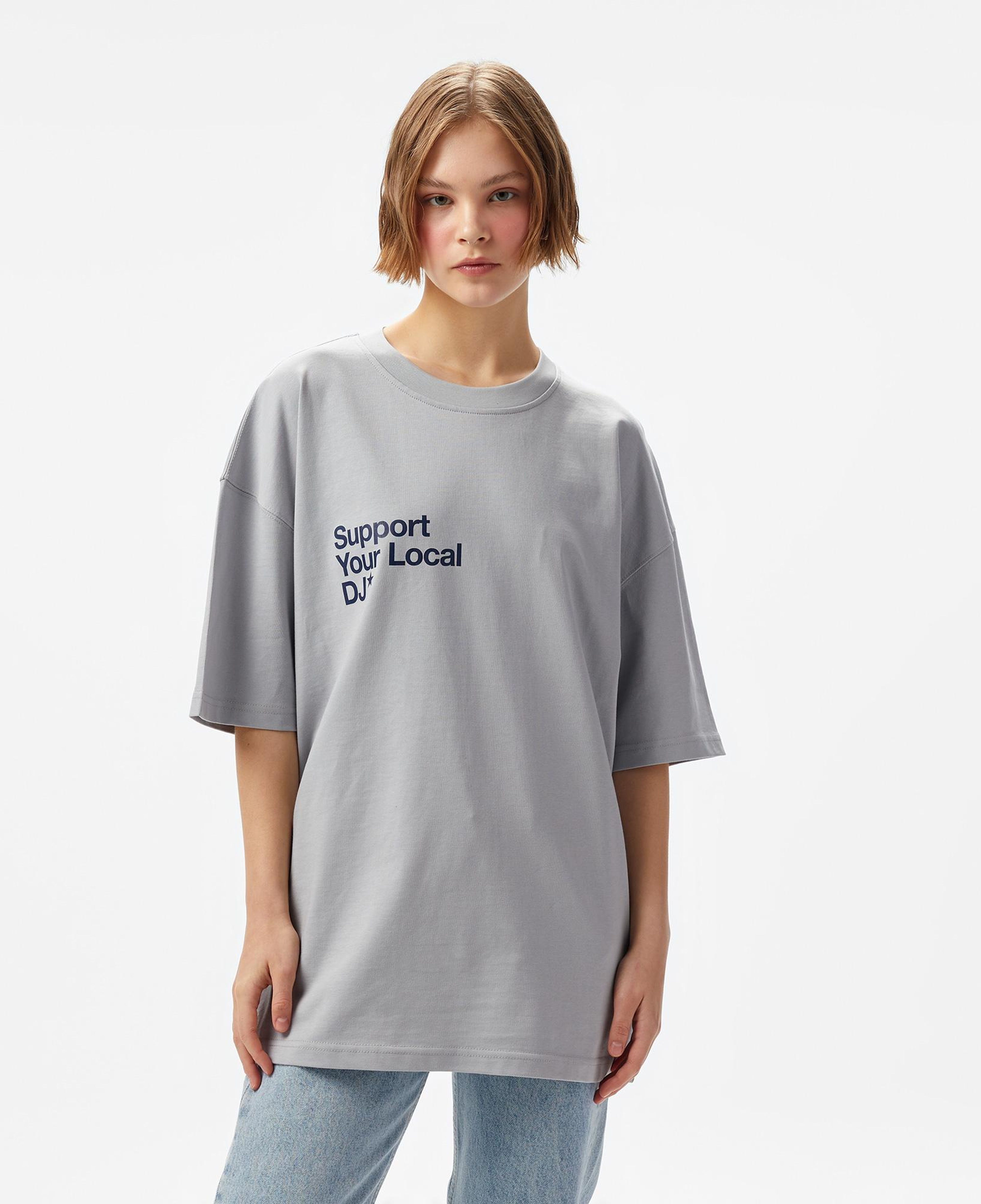 Aclothco X LFI Oversized Crew Neck Slogan Printed Unisex Gri T-Shirt