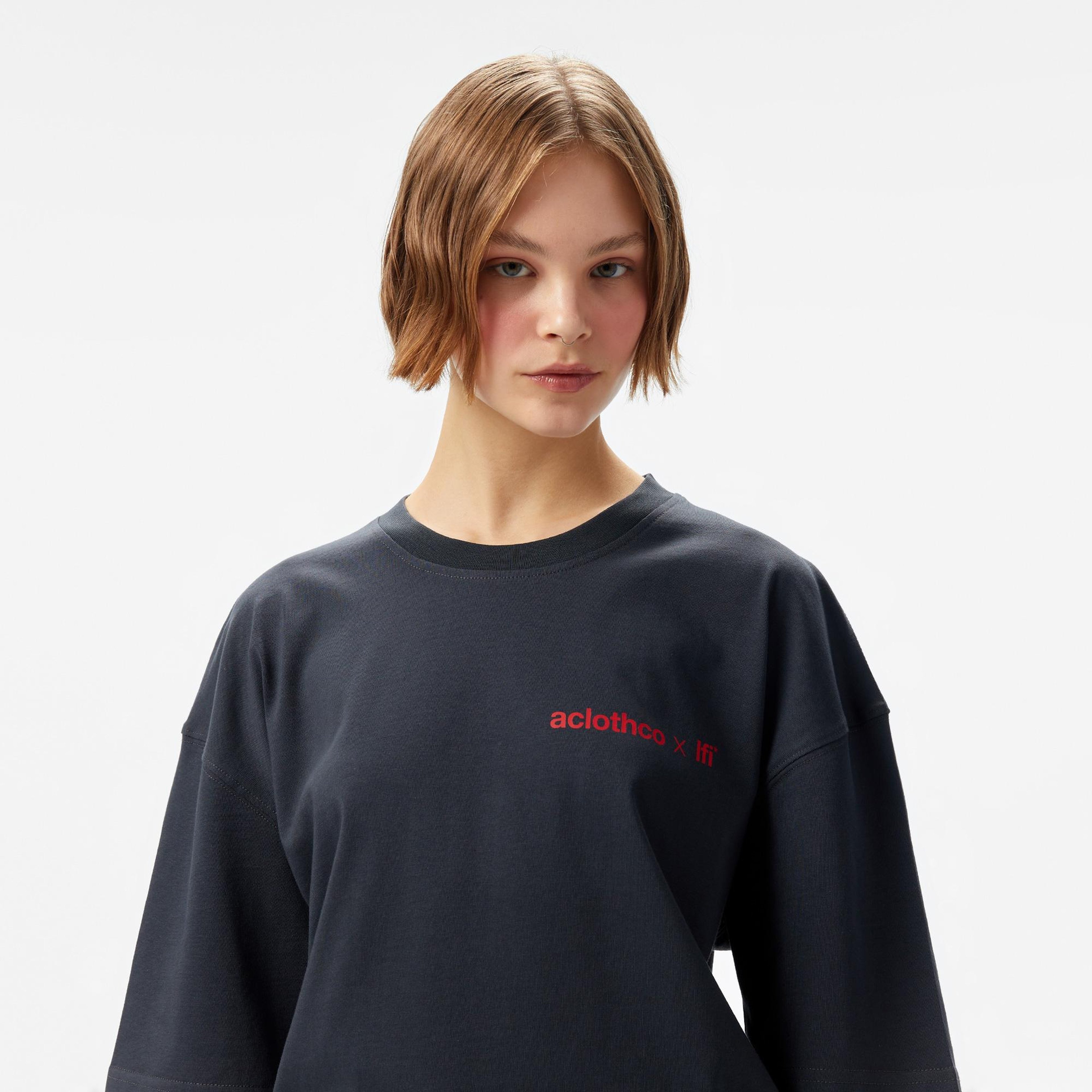 Aclothco X LFI Oversized Crew Neck Graphic Printed Unisex Gri T-Shirt