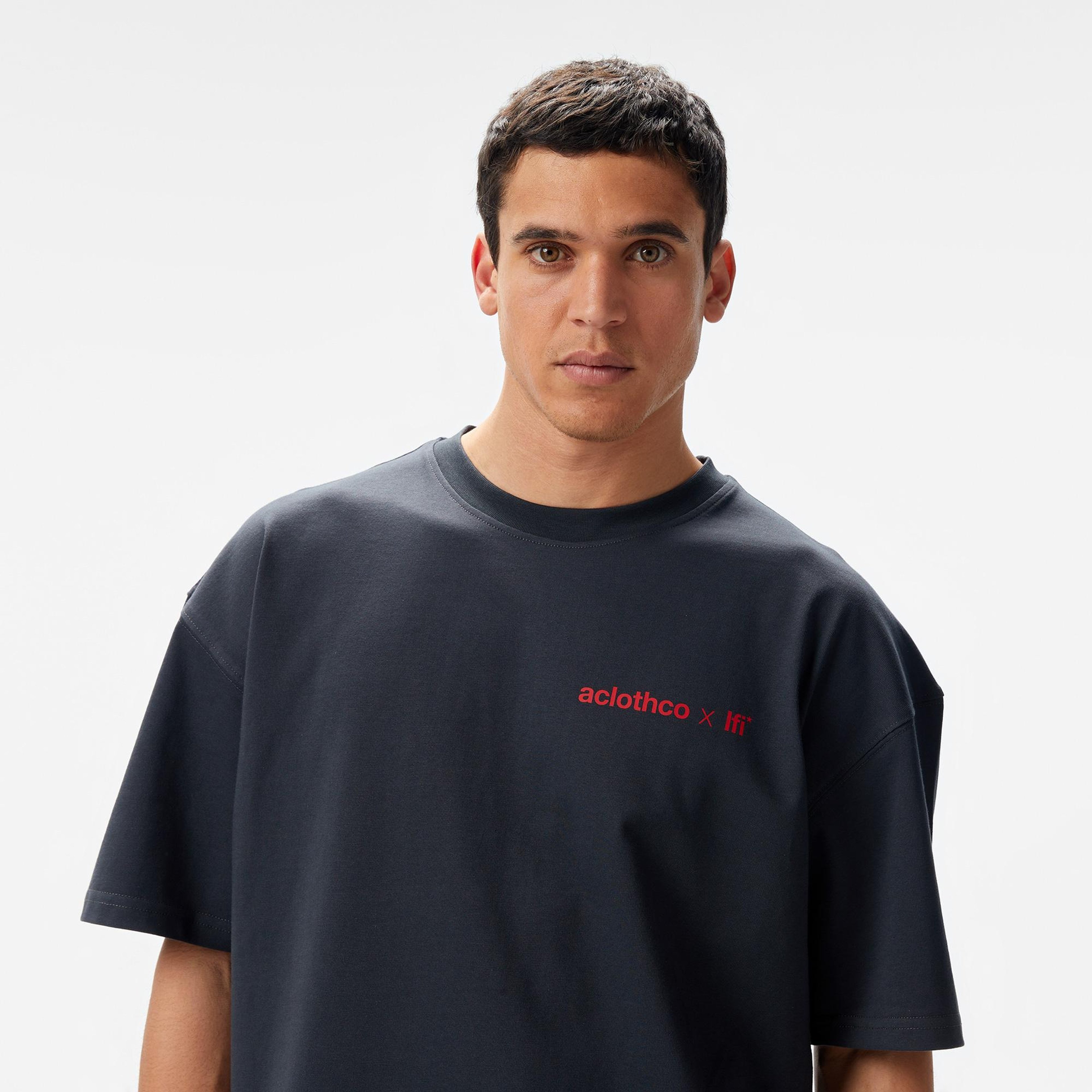 Aclothco X LFI Oversized Crew Neck Graphic Printed Unisex Gri T-Shirt