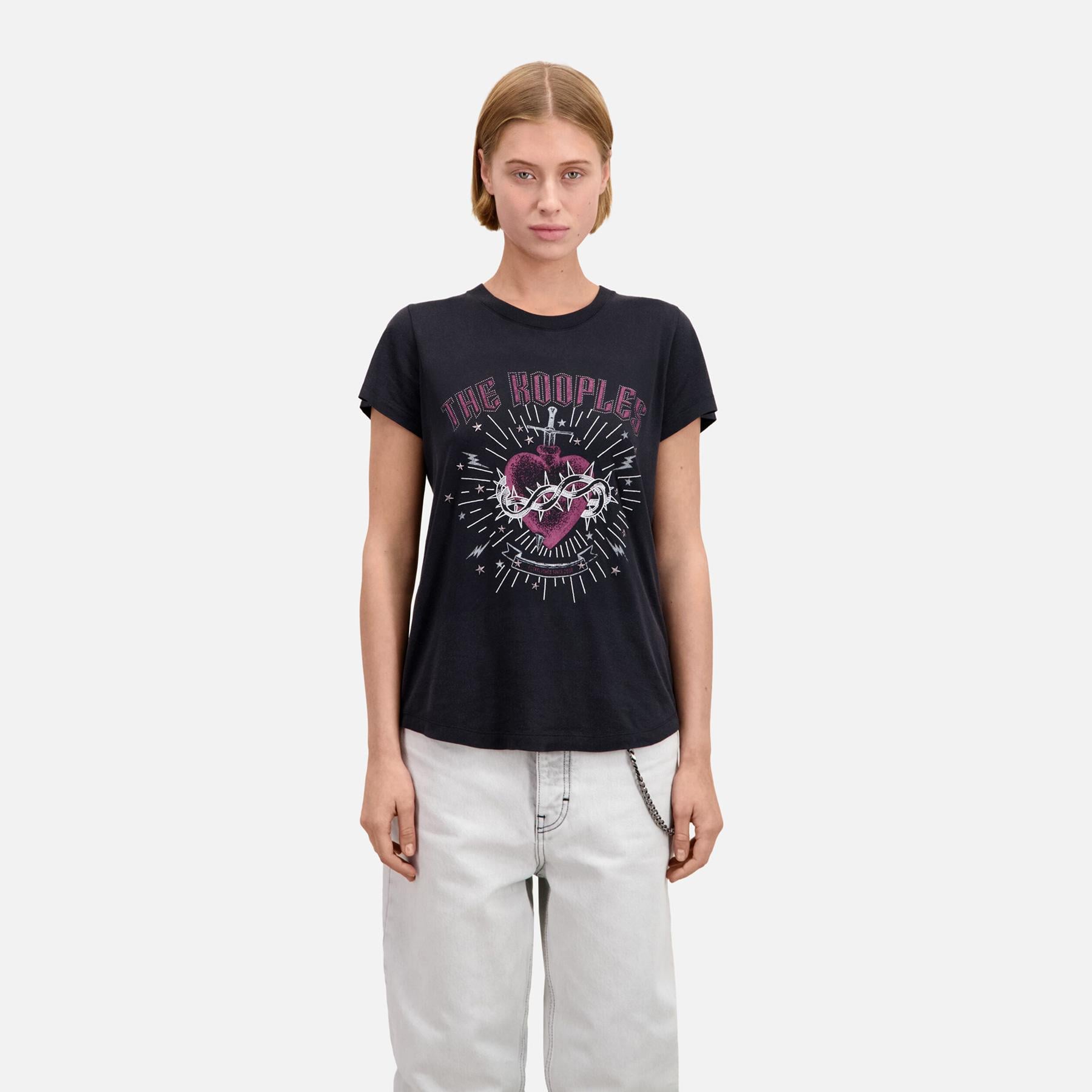 KADIN BİSİKLET YAKA BASKILI SİYAH Modal Karışımlı T-SHIRT