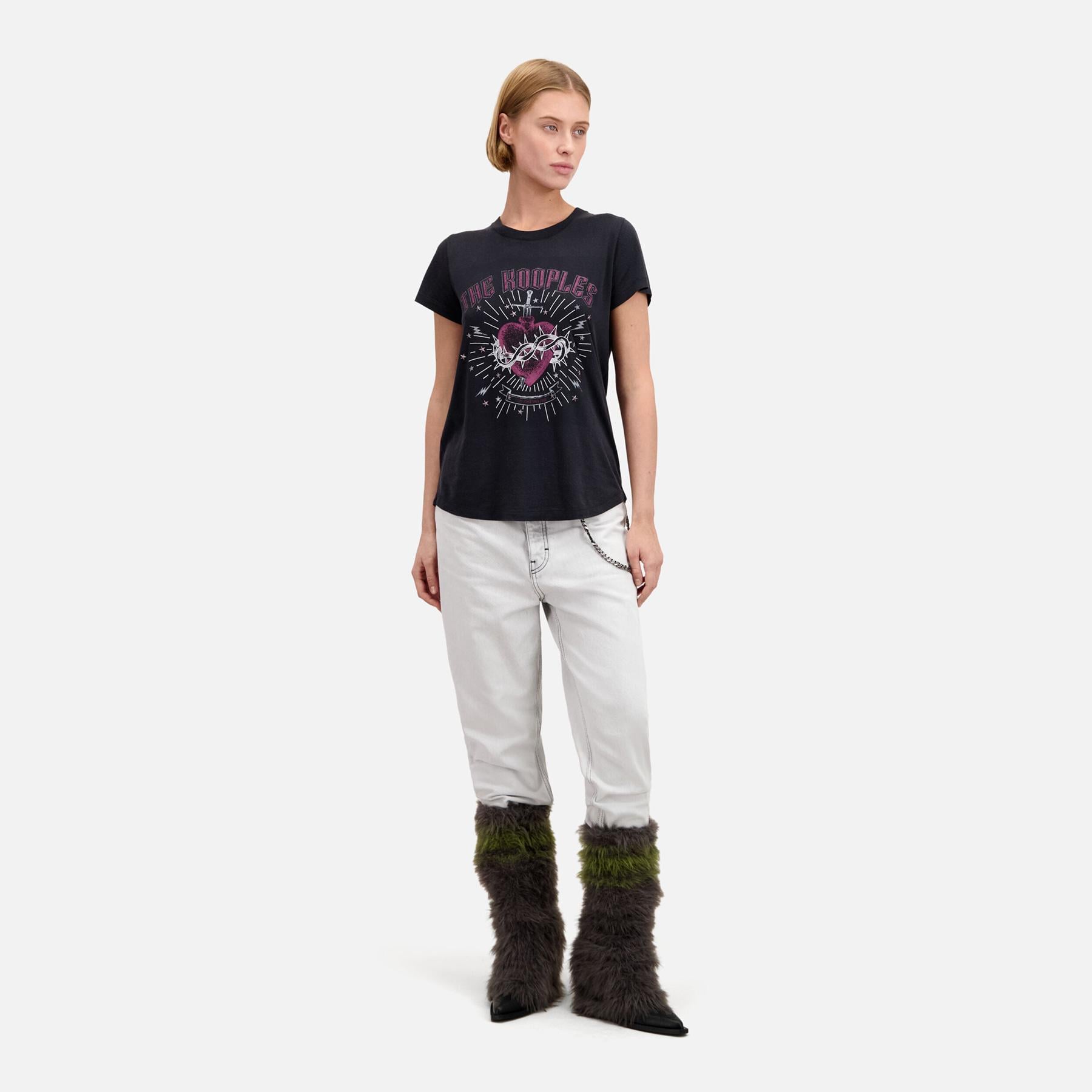 KADIN BİSİKLET YAKA BASKILI SİYAH Modal Karışımlı T-SHIRT