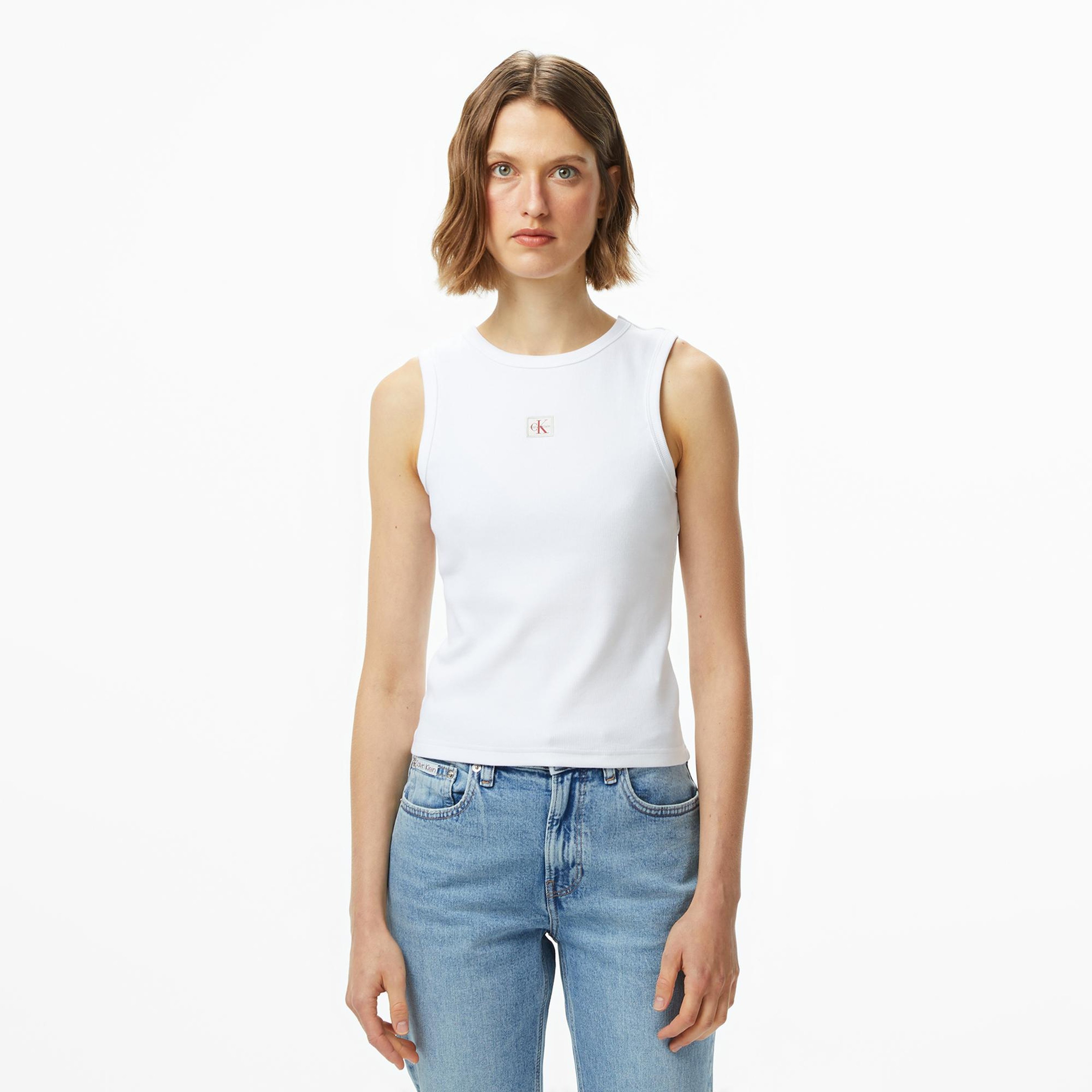 Calvin Klein Woven Label 2X2 Baby Rib Kadın Beyaz Kolsuz T-Shirt