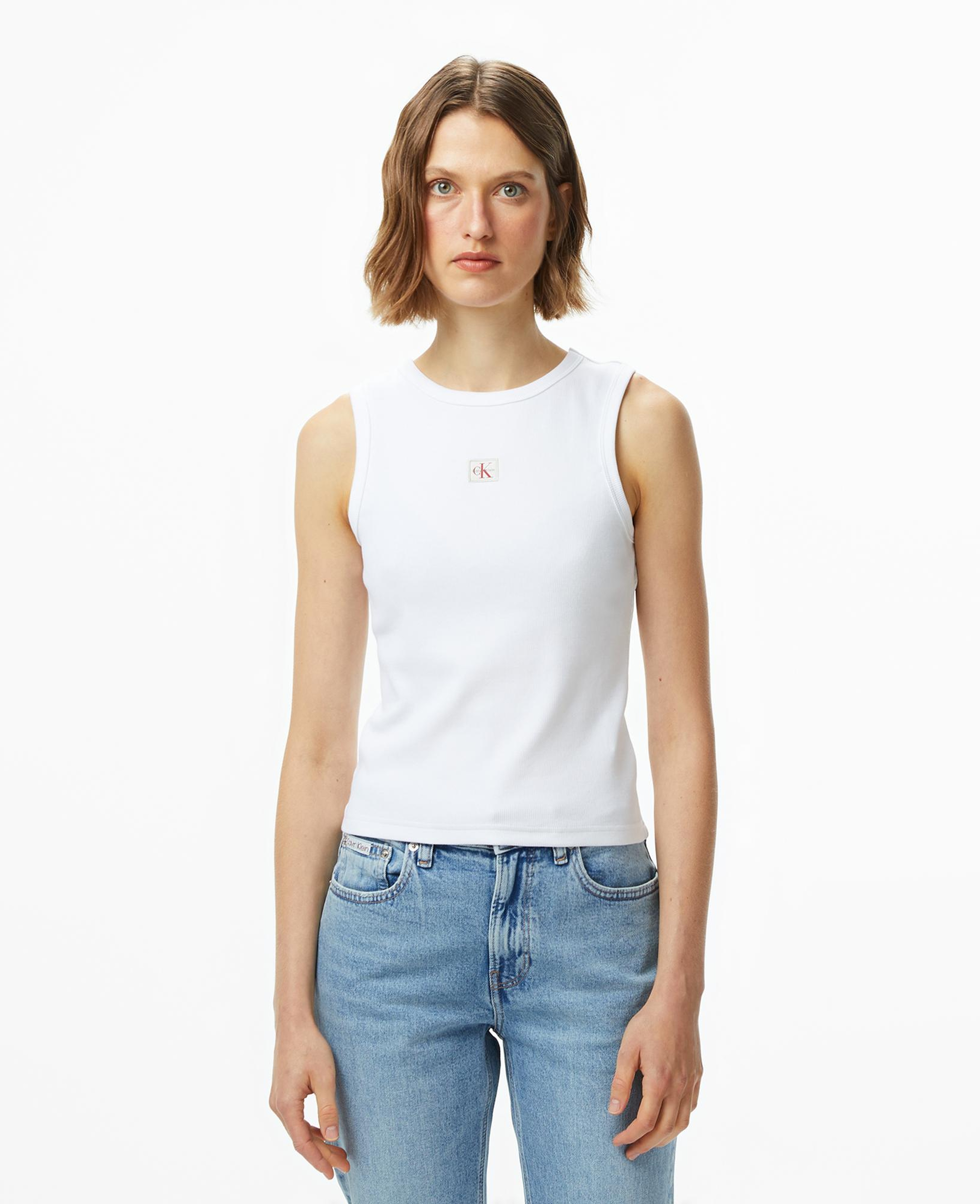 Calvin Klein Woven Label 2X2 Baby Rib Kadın Beyaz Kolsuz T-Shirt