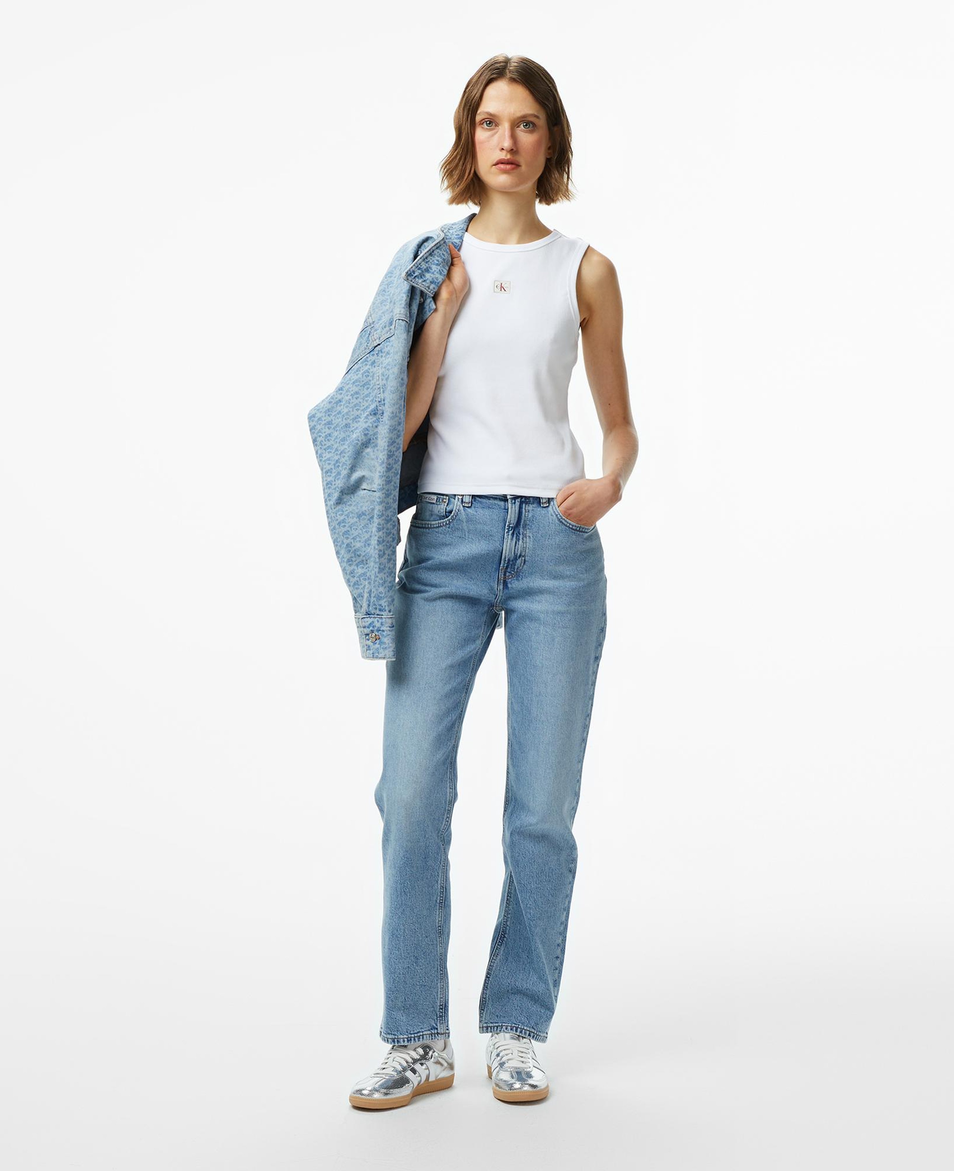 Calvin Klein Woven Label 2X2 Baby Rib Kadın Beyaz Kolsuz T-Shirt
