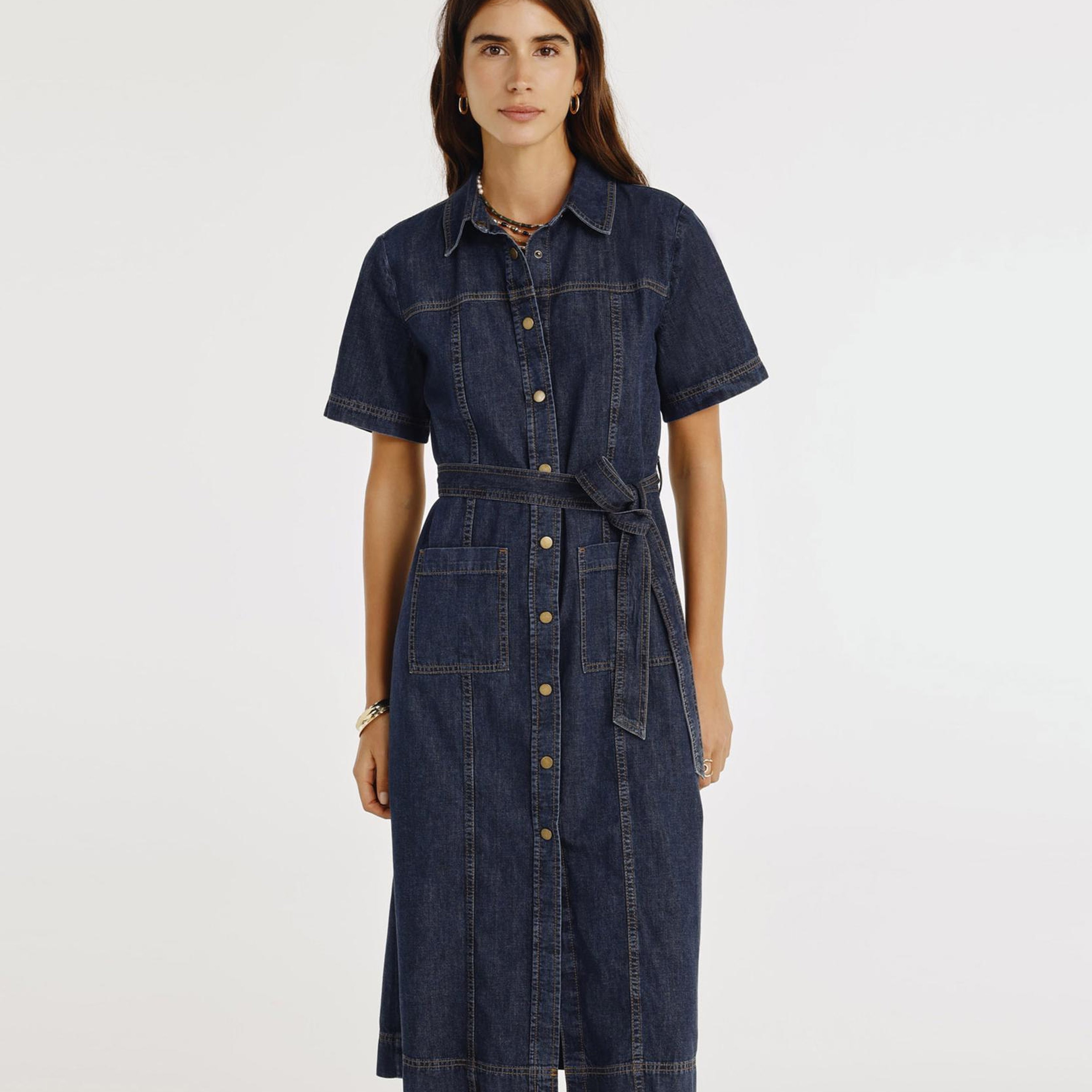YARGICI Kemerli Kısa Kollu Midi Boy Denim Elbise