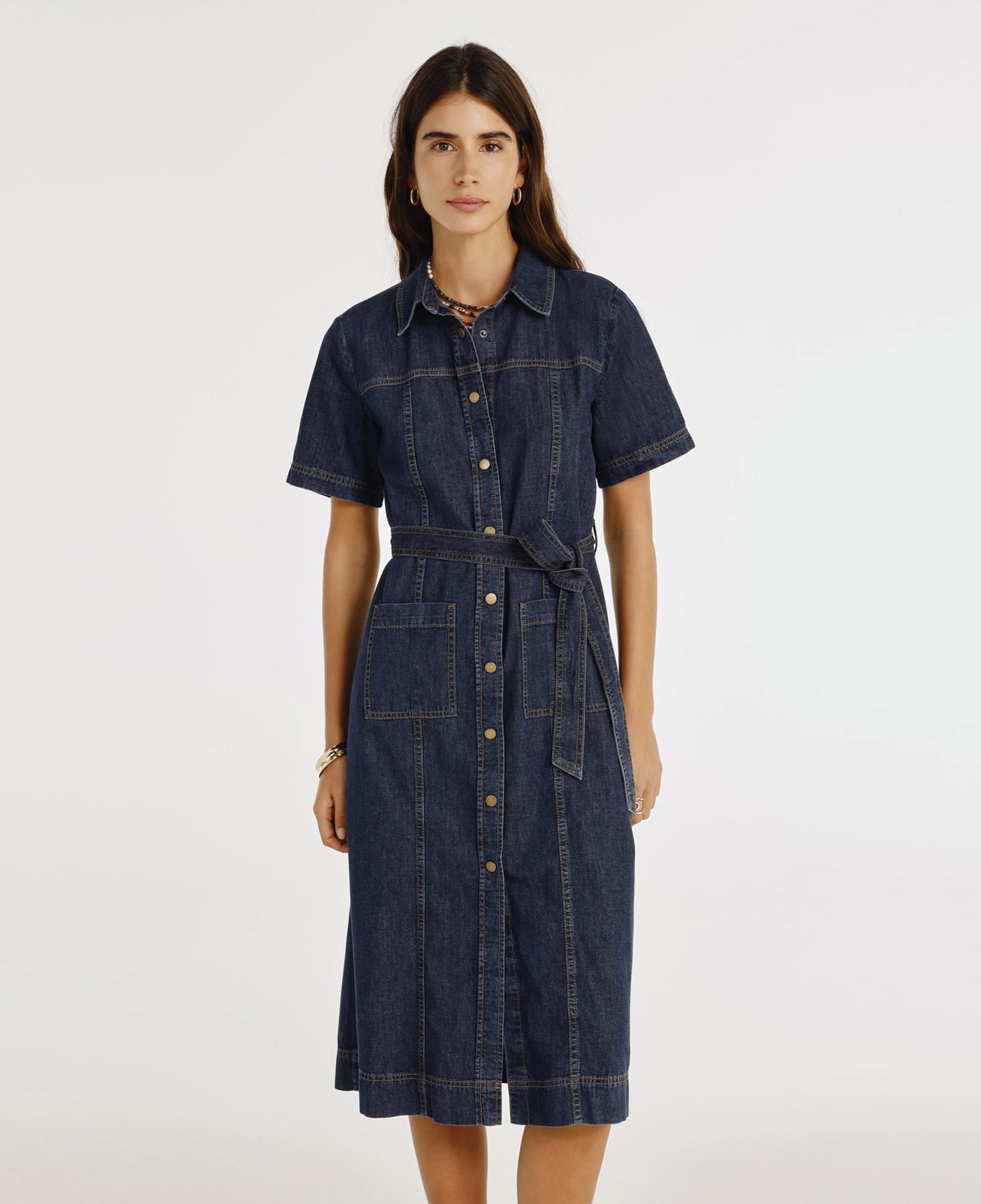 YARGICI Kemerli Kısa Kollu Midi Boy Denim Elbise