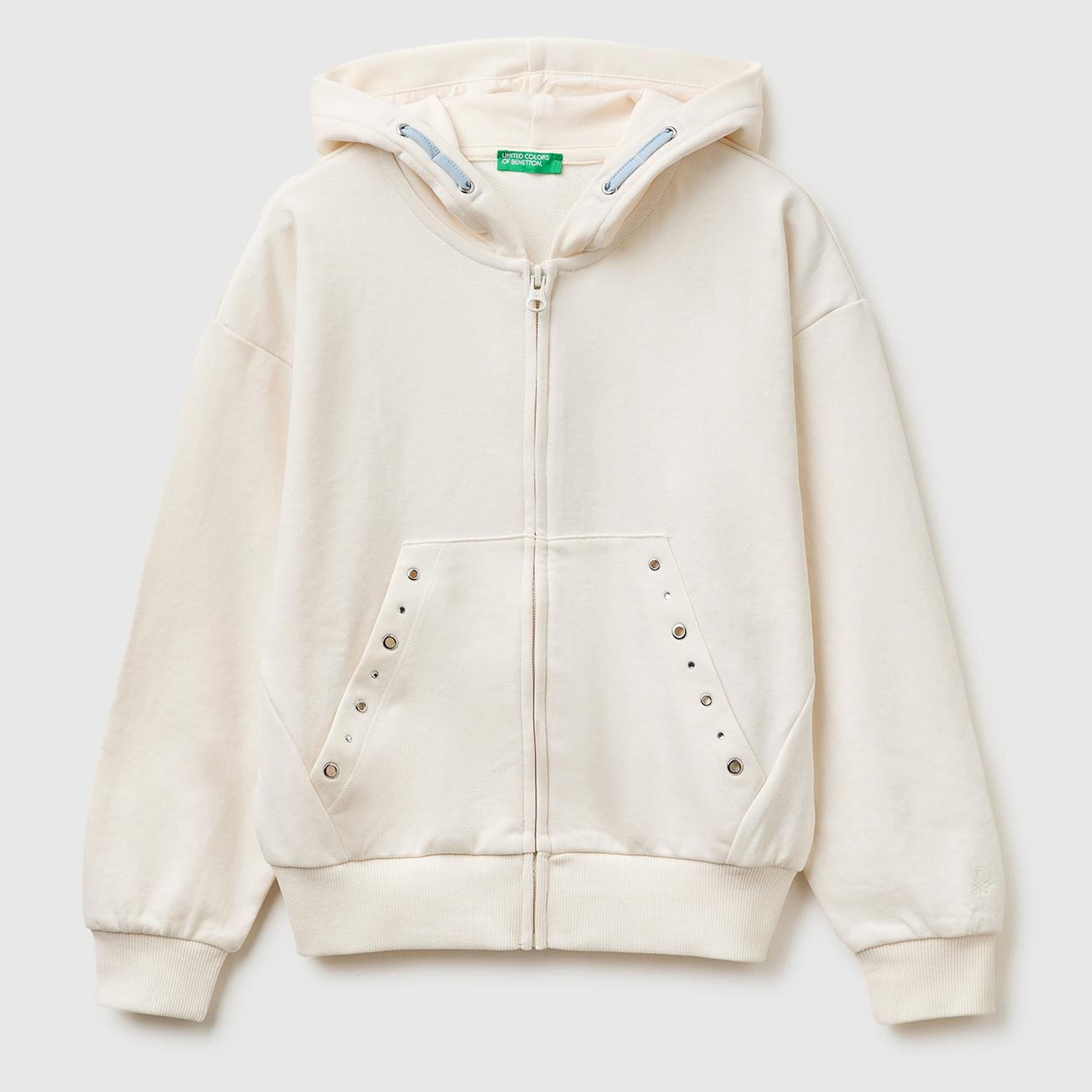 Kız Çocuk Ekru Taş İşlemeli Kanguru Cepli Fermuarlı Kapüşonlu Sweatshirt