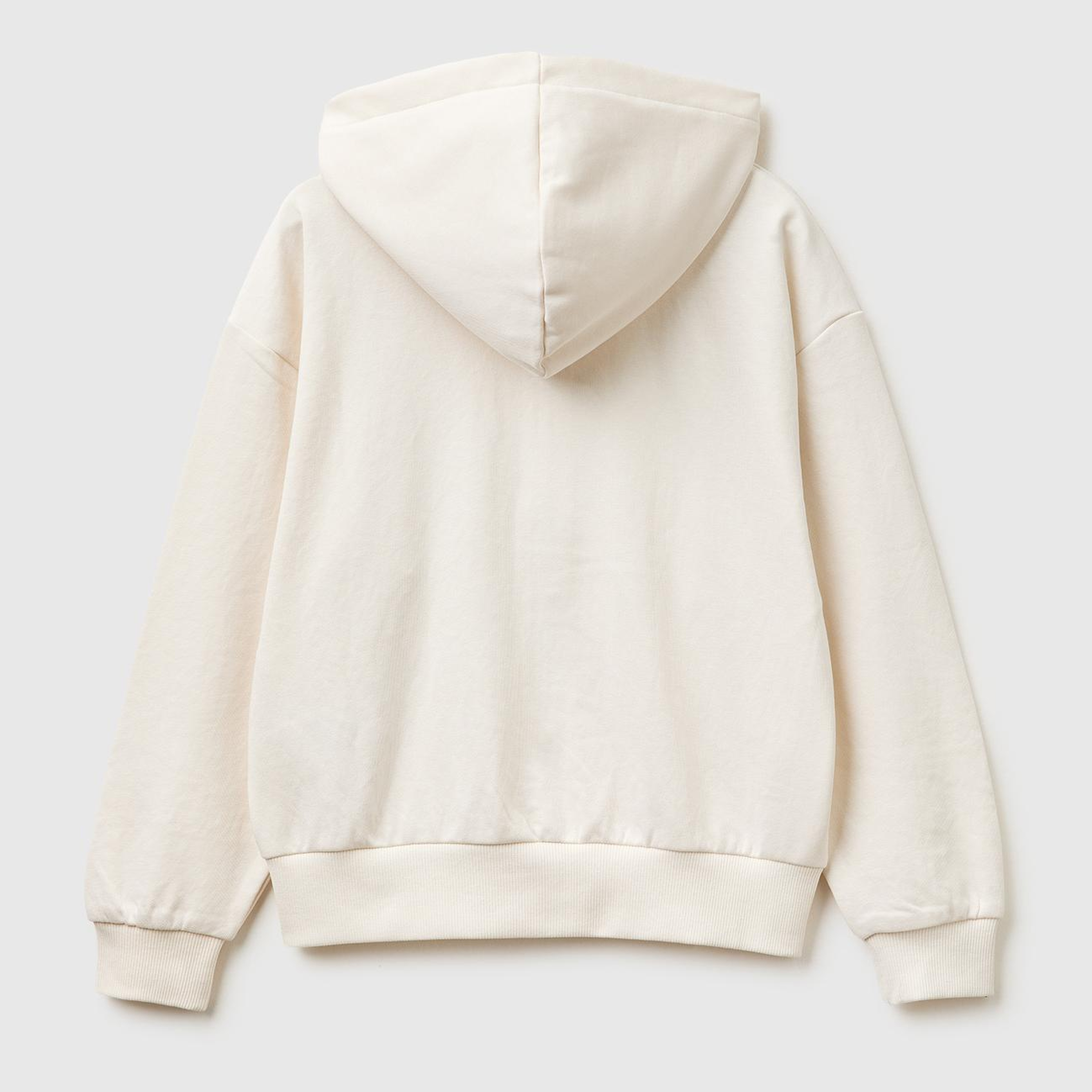 Kız Çocuk Ekru Taş İşlemeli Kanguru Cepli Fermuarlı Kapüşonlu Sweatshirt