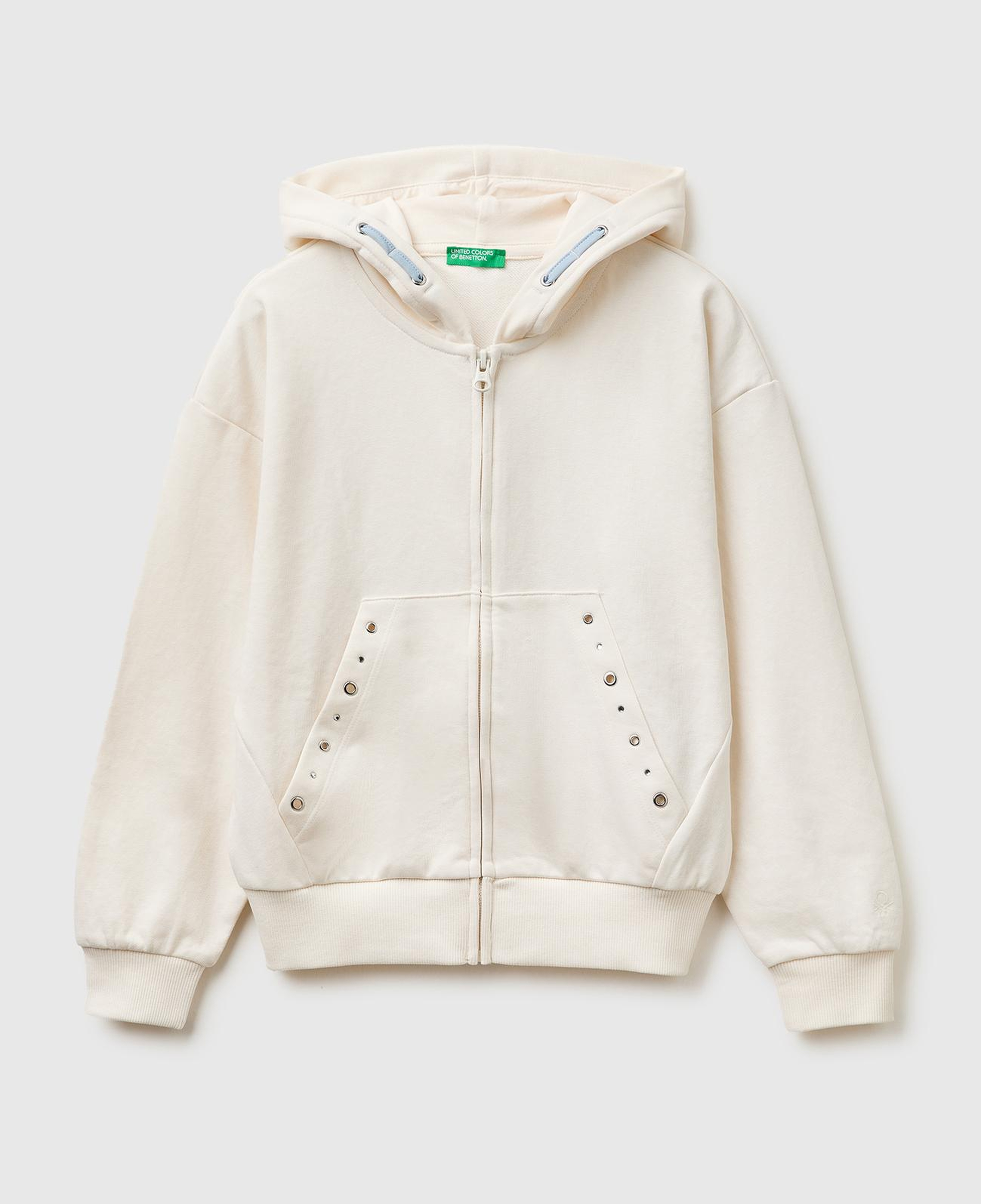 Kız Çocuk Ekru Taş İşlemeli Kanguru Cepli Fermuarlı Kapüşonlu Sweatshirt