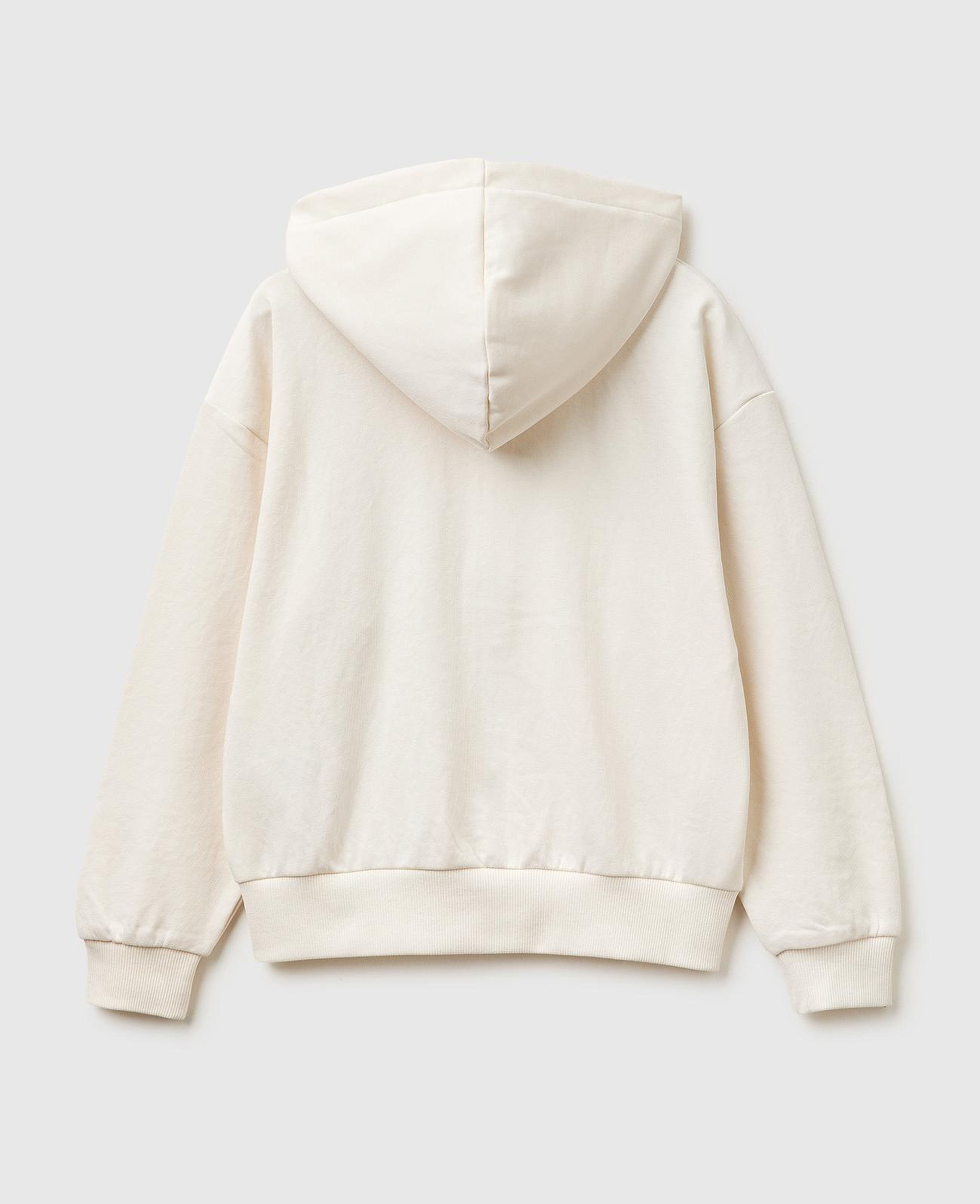 Kız Çocuk Ekru Taş İşlemeli Kanguru Cepli Fermuarlı Kapüşonlu Sweatshirt