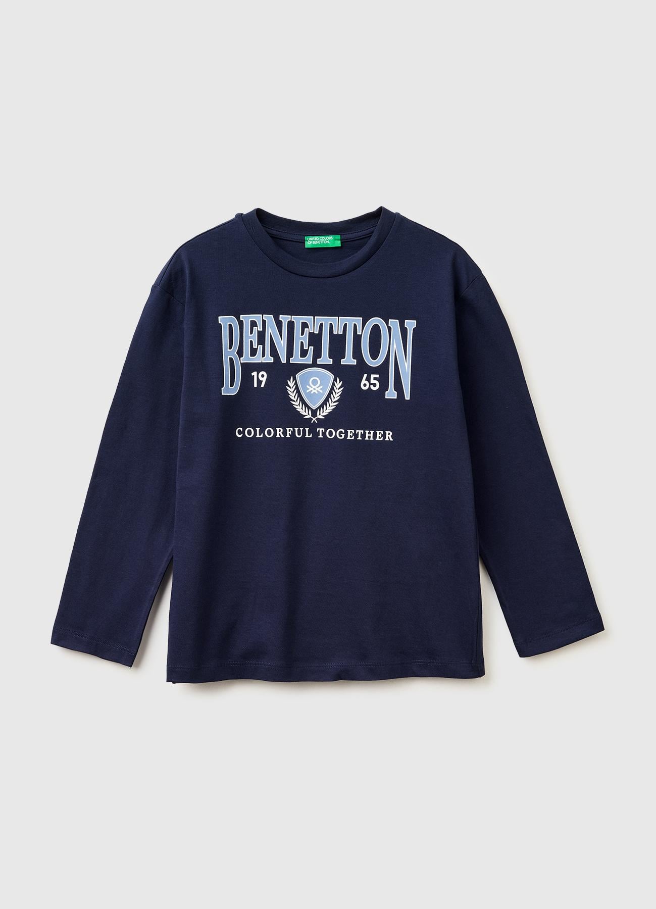 Erkek Çocuk Lacivert Önü Logo Baskılı Bisiklet Yaka Uzun Kollu T-Shirt