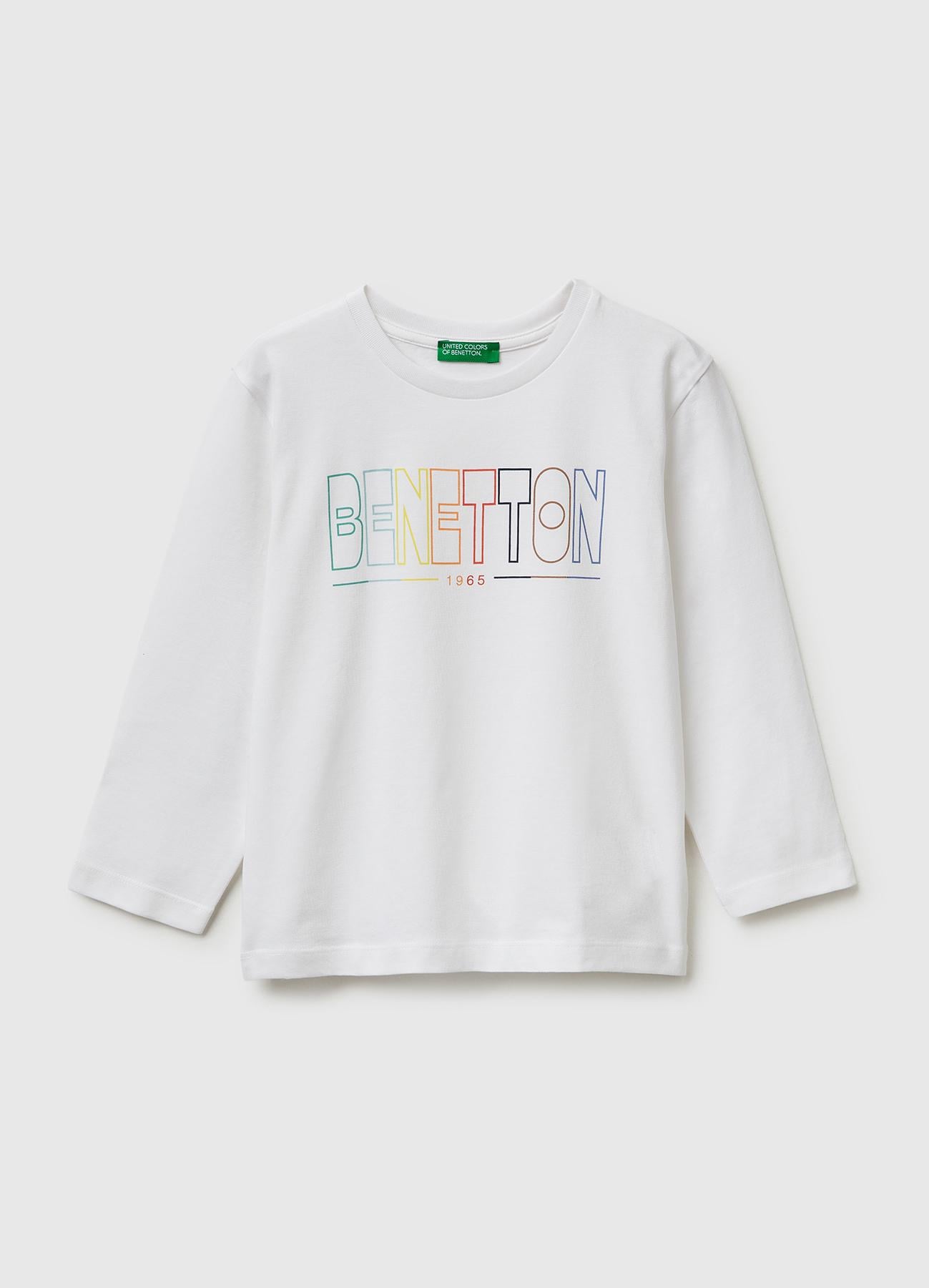 Erkek Çocuk Beyaz Önü Logo Baskılı Yuvarlak Yaka Uzun Kollu T-Shirt