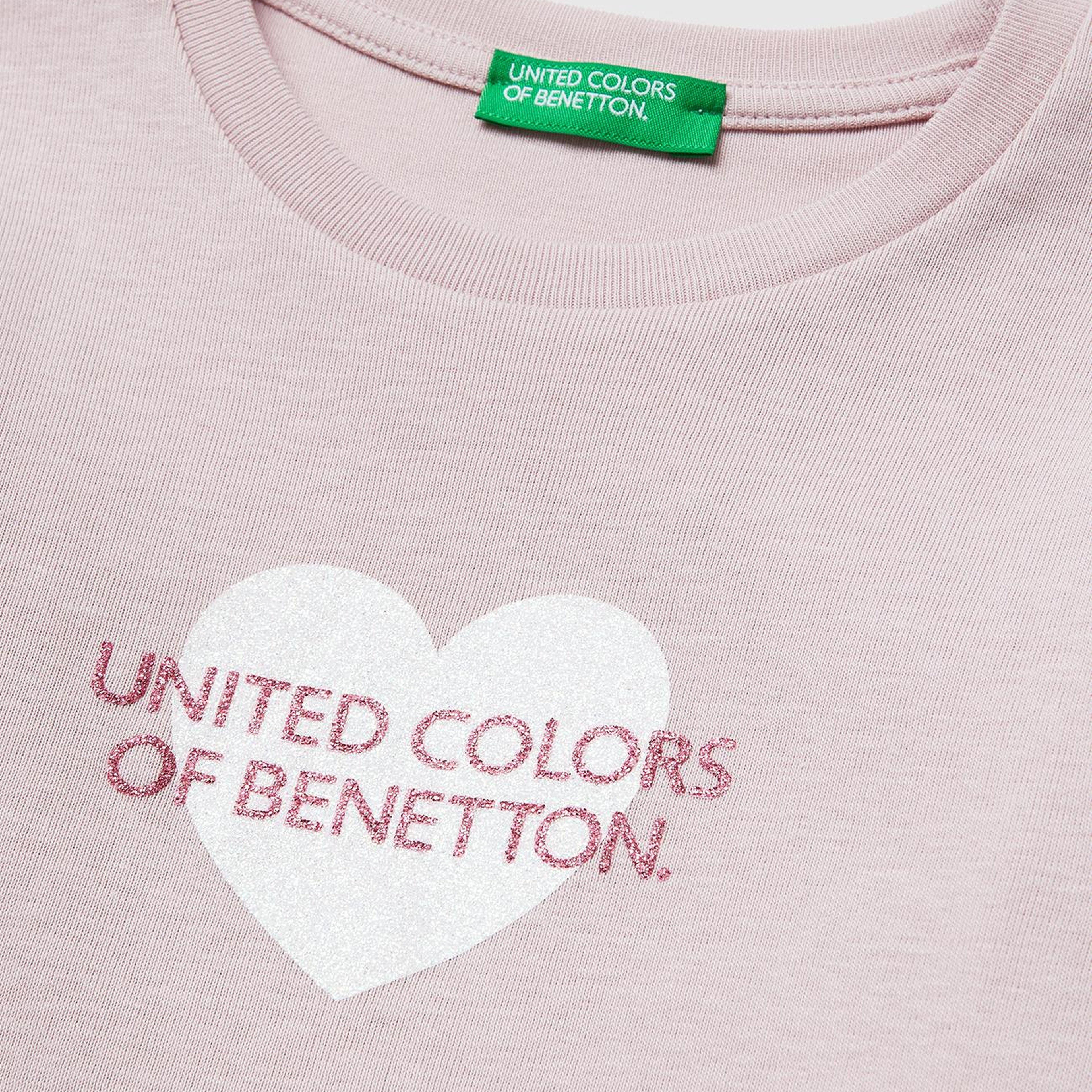 Kız Çocuk Gül Kurusu Simli Renkli Grafik Baskılı Yuvarlak Yaka Uzun Kollu T-Shirt