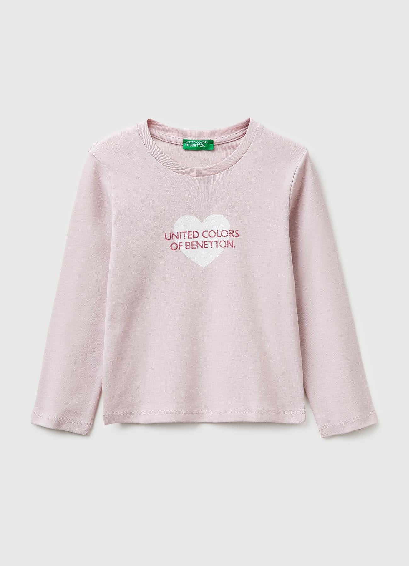 Kız Çocuk Gül Kurusu Simli Renkli Grafik Baskılı Yuvarlak Yaka Uzun Kollu T-Shirt