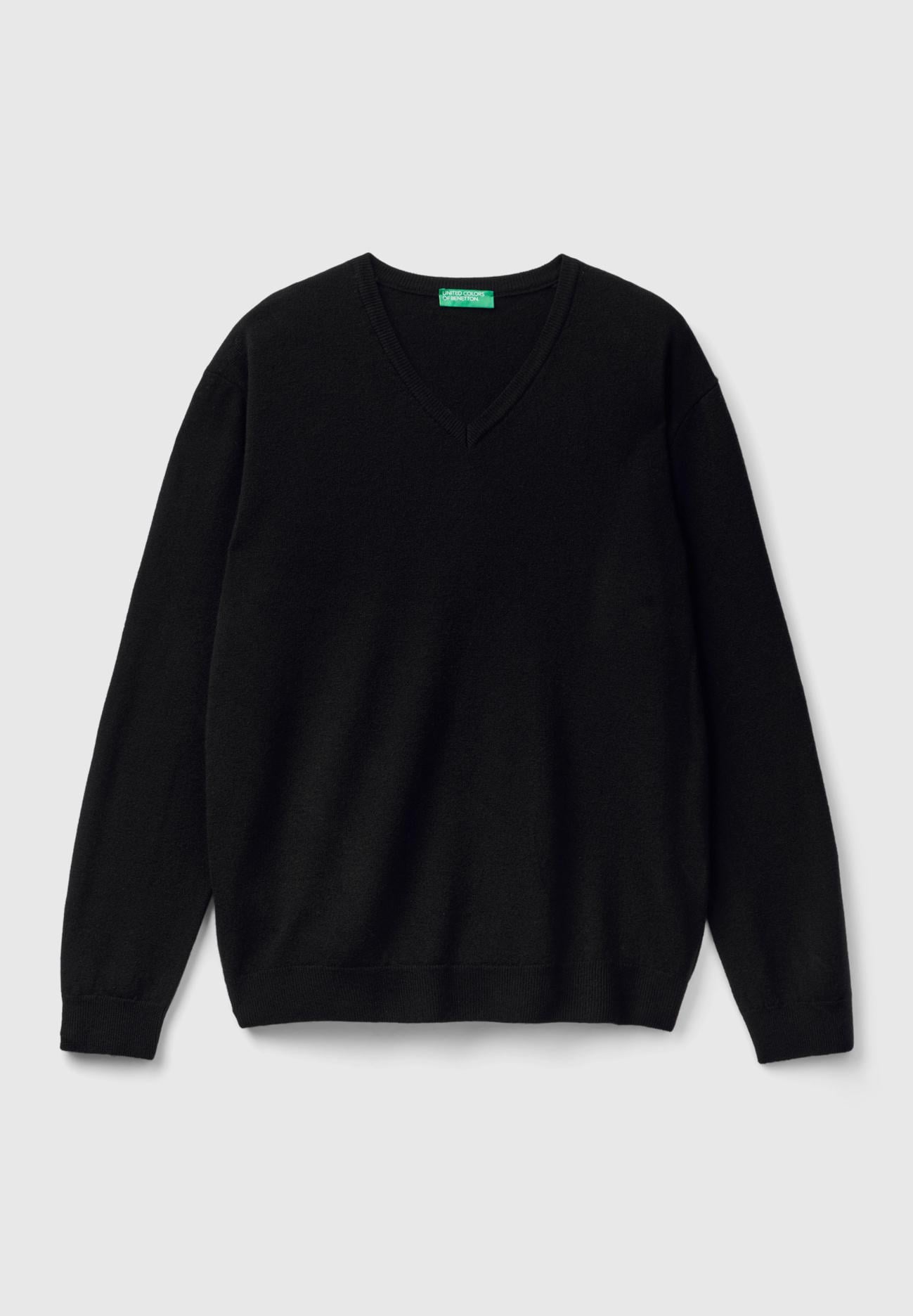Erkek Siyah V Yaka %100 Merino Kazak