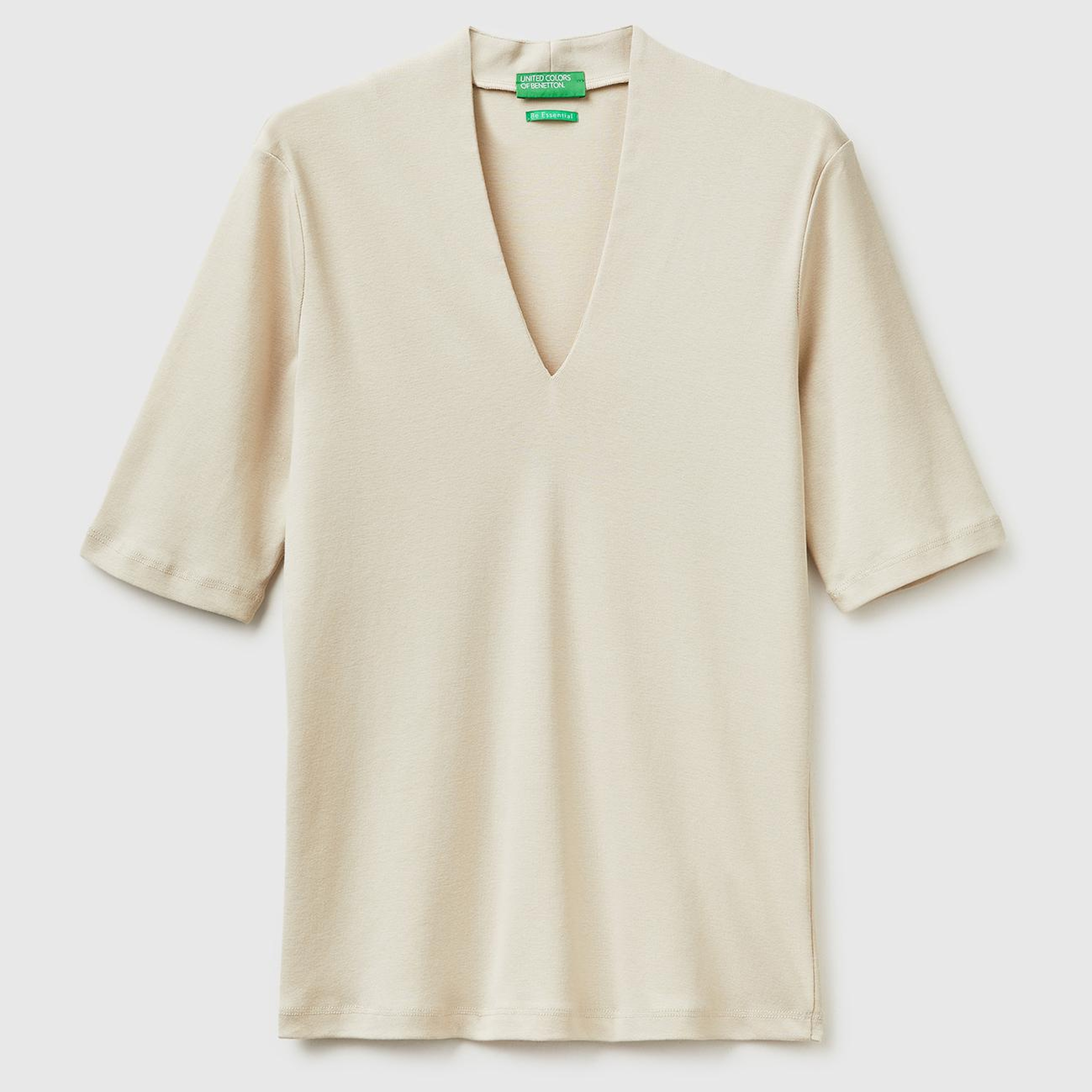 Kadın Taş %100 Pamuk Yarım Kollu Derin V Yaka T-Shirt