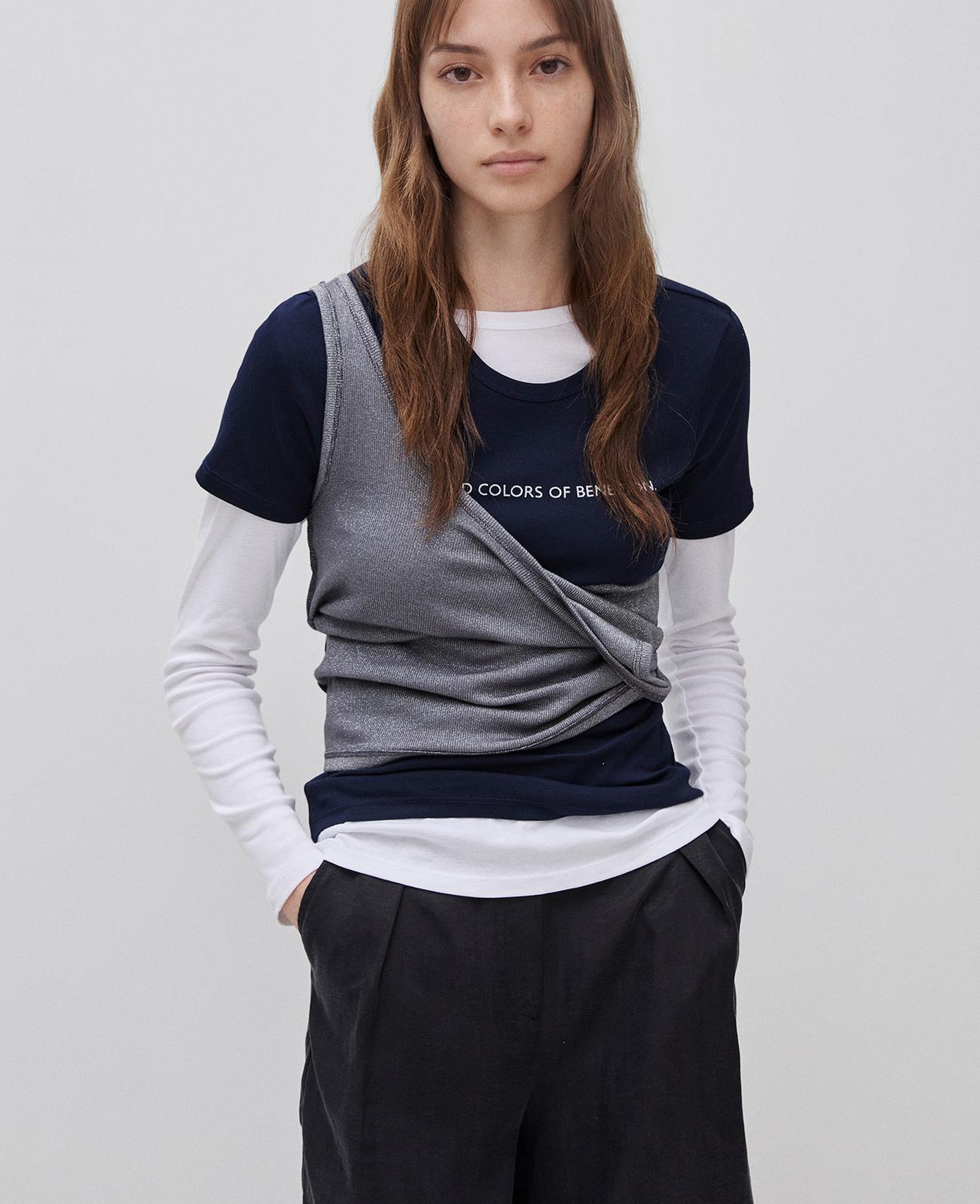 Kadın Lacivert %100 Pamuk Logo Baskılı Bisiklet Yaka T-Shirt