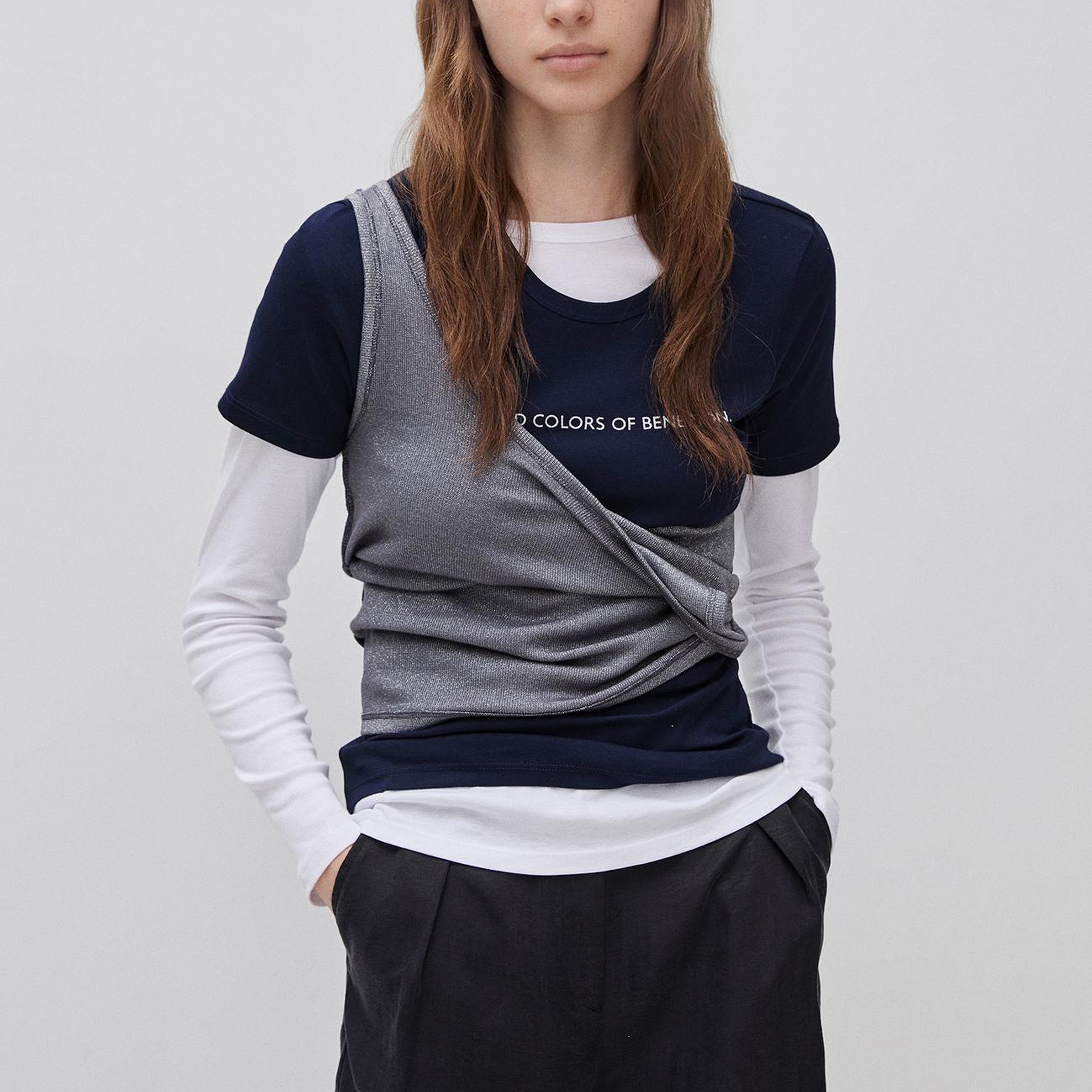 Kadın Lacivert %100 Pamuk Logo Baskılı Bisiklet Yaka T-Shirt
