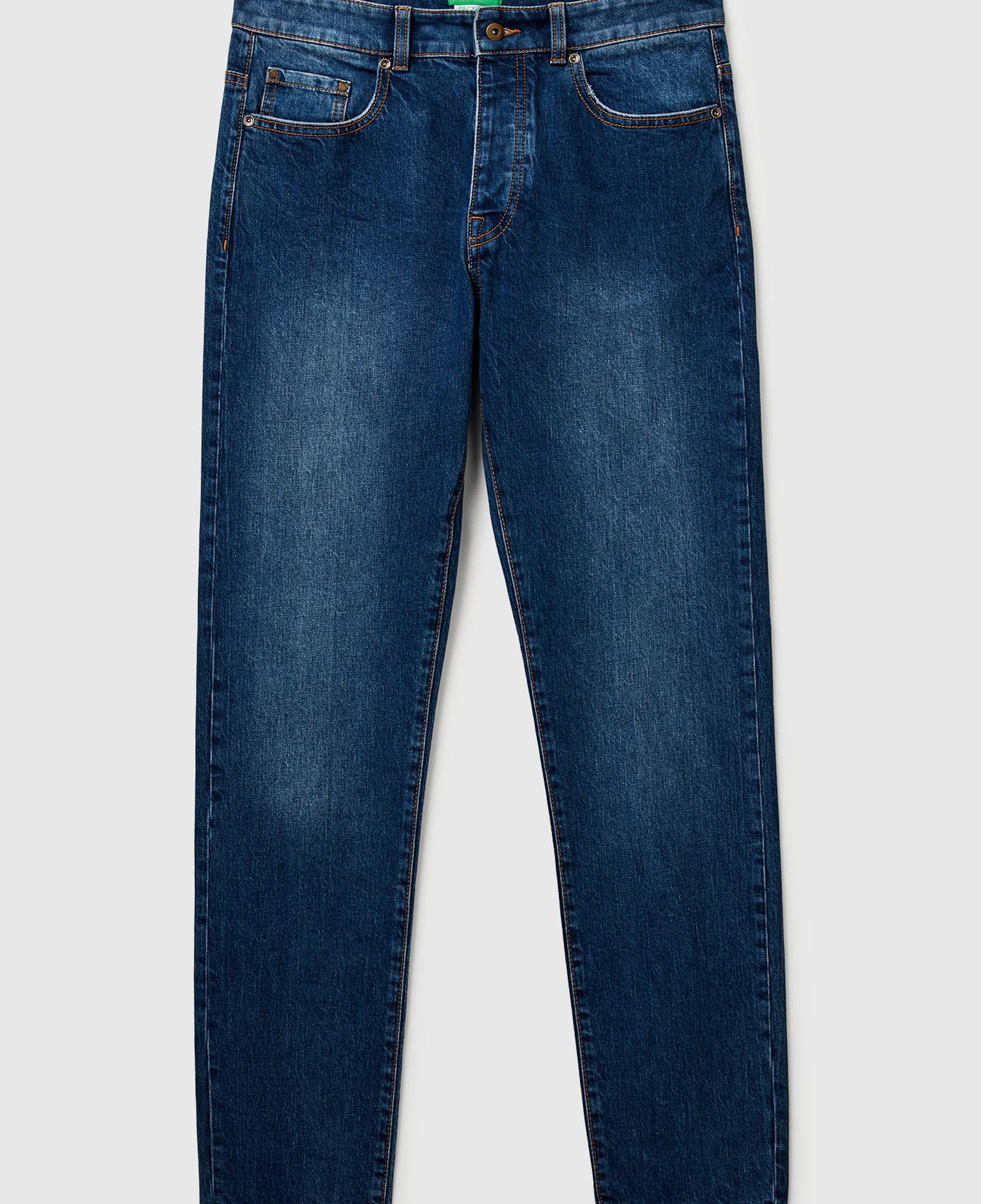 Erkek Koyu Mavi  Pamuk Karışımlı Arkası Logo Etiketli Cepli Slim Fit Denim Pantolon
