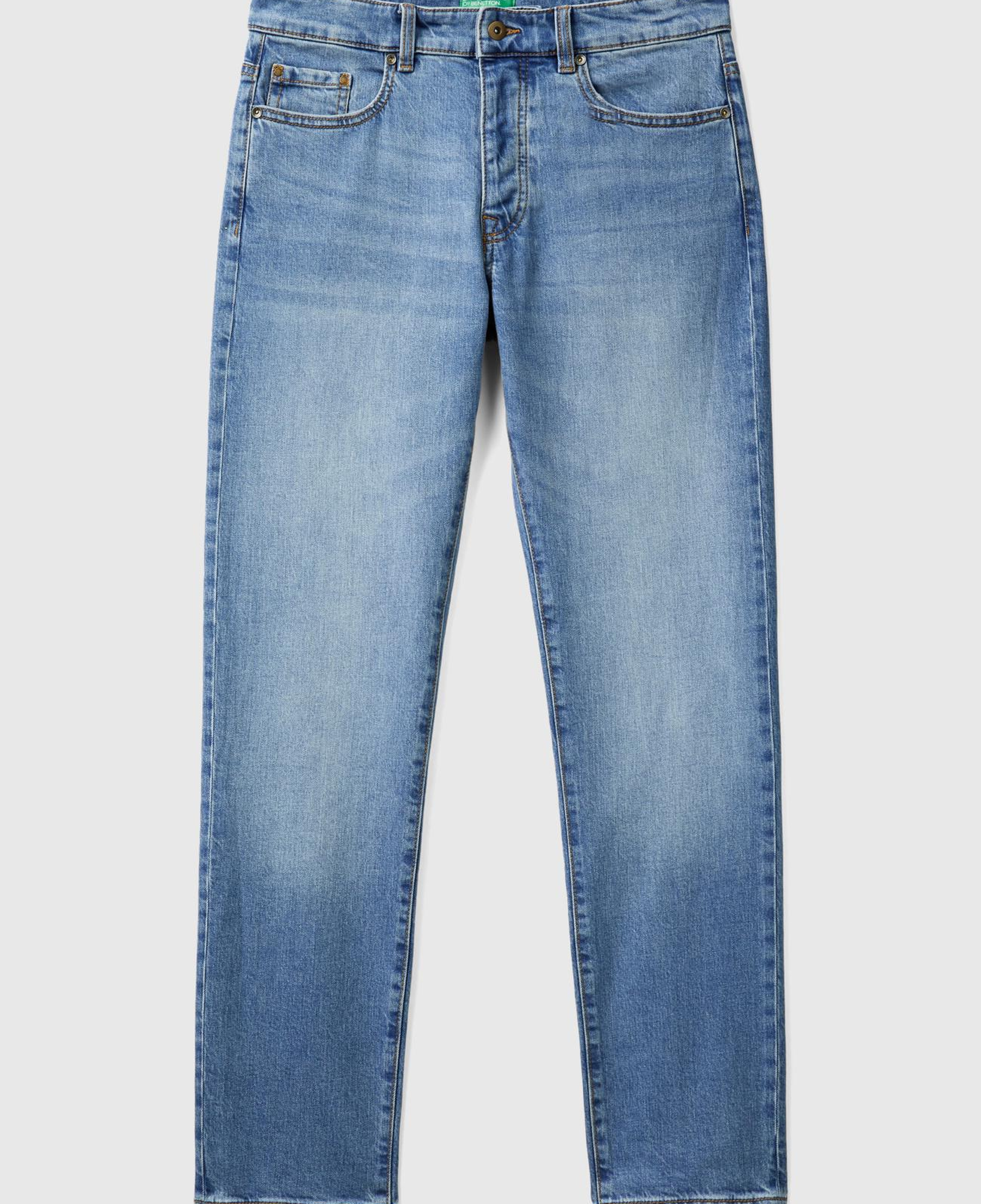 Erkek Açık Mavi Pamuk Karışımlı Arkası Logo Etiketli Cepli Slim Fit Denim Pantolon