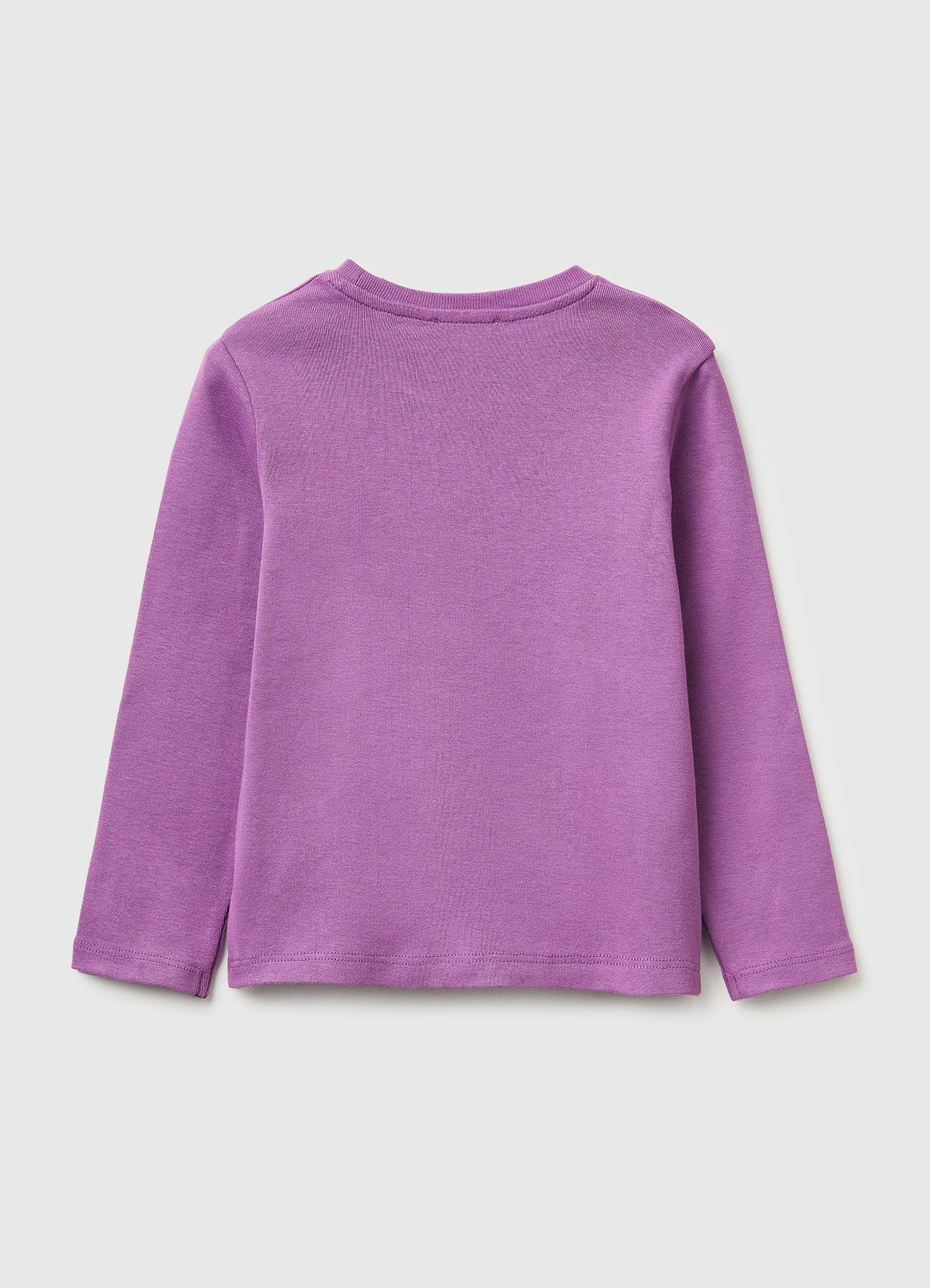 Kız Çocuk Mor Simli Renkli Grafik Baskılı Yuvarlak Yaka Uzun Kollu T-Shirt
