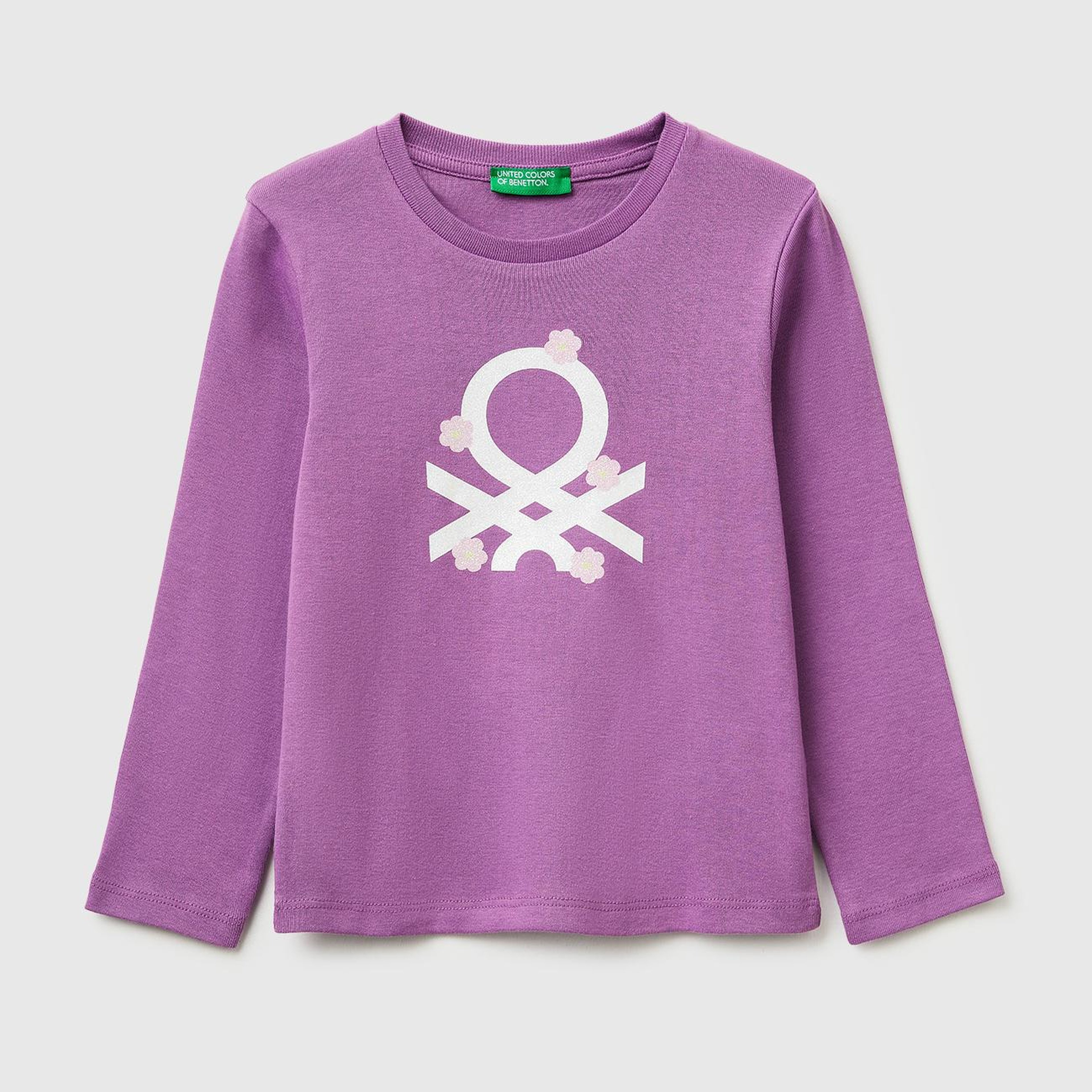 Kız Çocuk Mor Simli Renkli Grafik Baskılı Yuvarlak Yaka Uzun Kollu T-Shirt