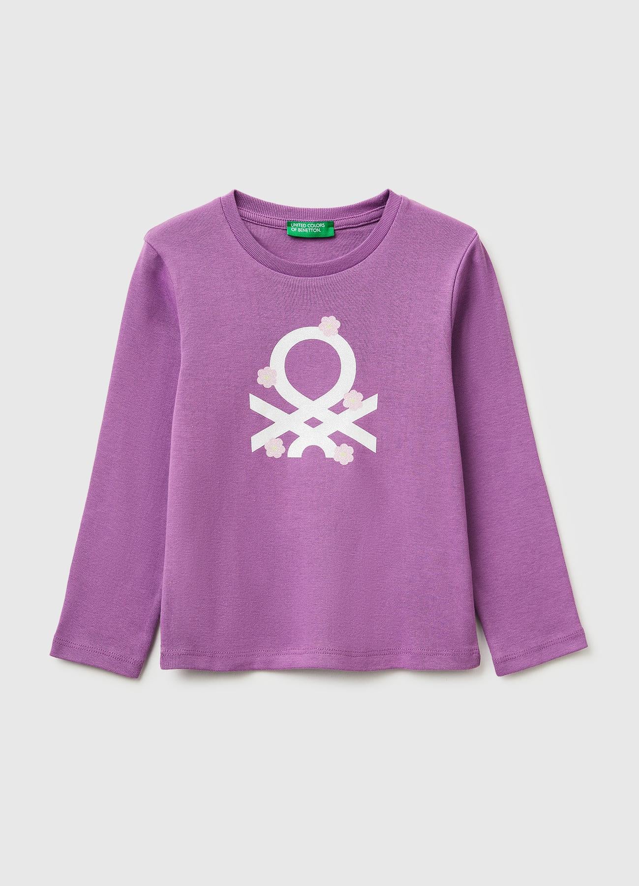 Kız Çocuk Mor Simli Renkli Grafik Baskılı Yuvarlak Yaka Uzun Kollu T-Shirt
