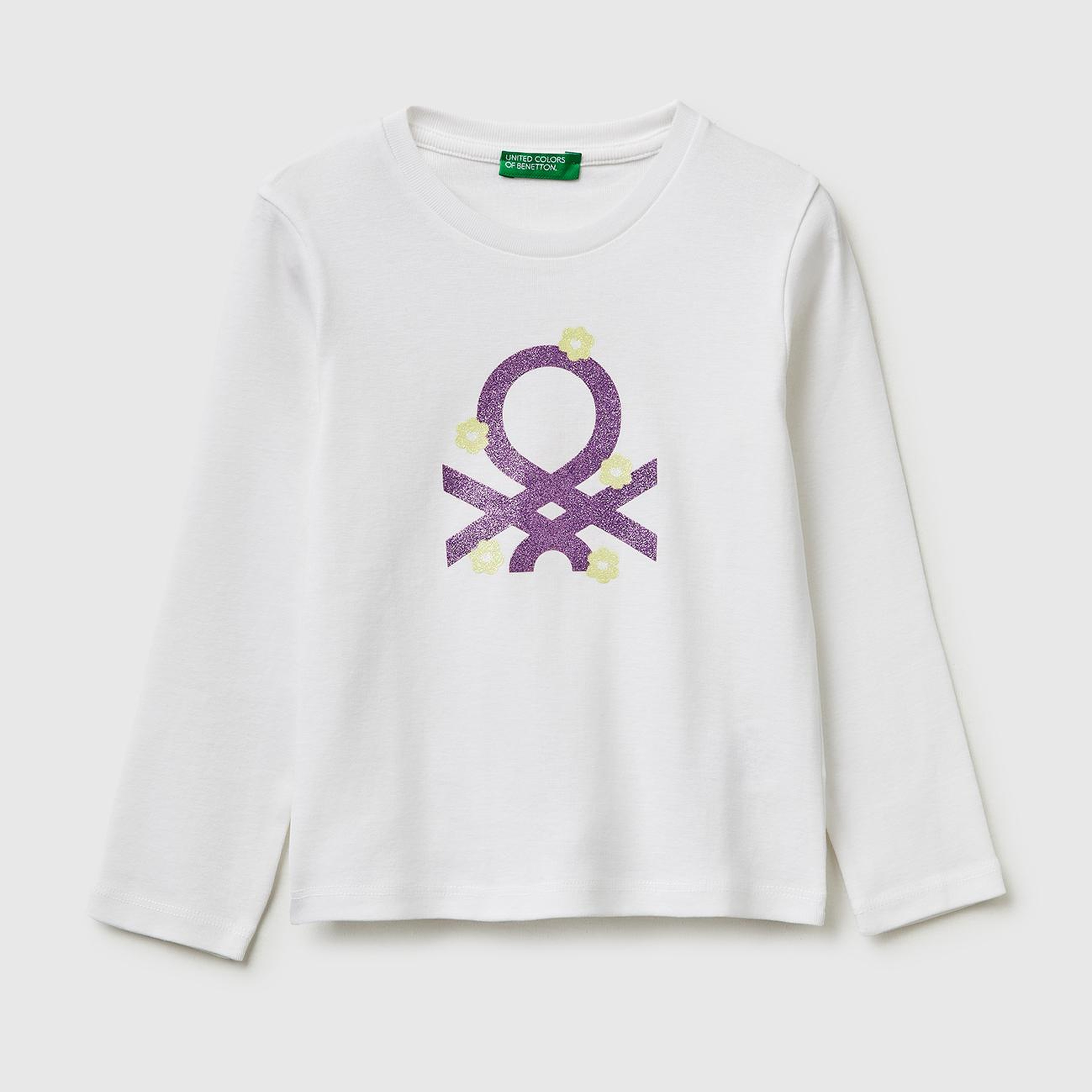 Kız Çocuk Beyaz Simli Renkli Grafik Baskılı Yuvarlak Yaka Uzun Kollu T-Shirt